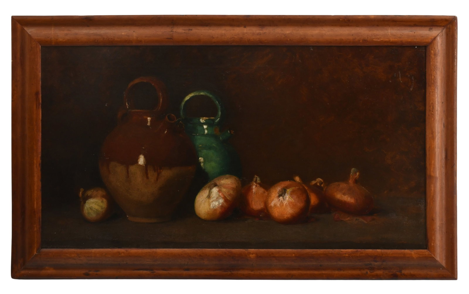 Attr. Emil Carlsen (American, 1853-1932), Still Life with Onions & Jugs: Attributed to Emil Carlsen (American, 1853-1932) Still Life with Onions & Jugs oil on canvas unsigned 16 x 30 inches (canvas) 20 1/2 x 35 inches (frame) Provenance: The Estate of Steve Hohener, Nor