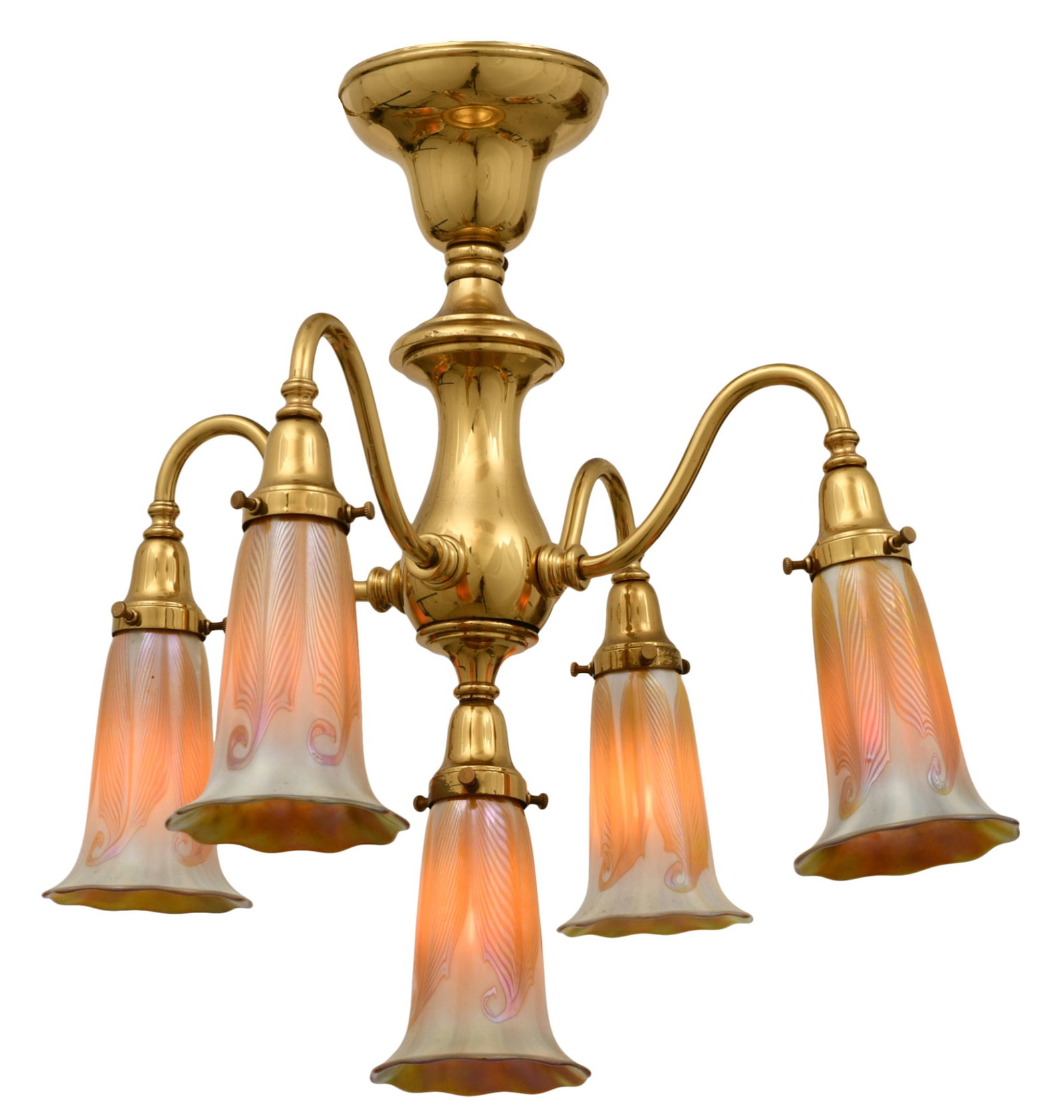 American Brass Chandelier with Quezal Art Glass Decorated Shades (1 of 4)