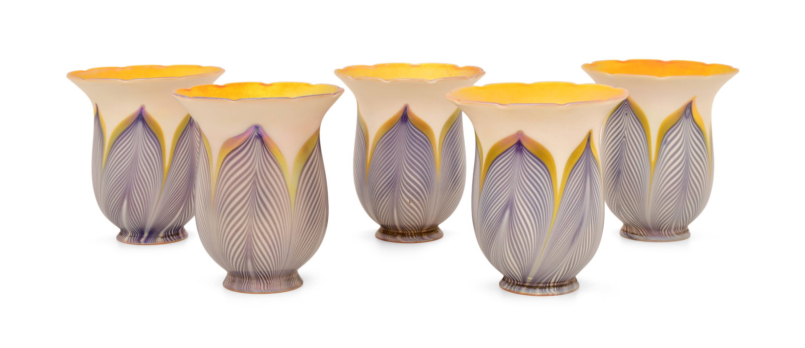 Set of Five Lustre Art Glass "Pulled Feather" Shades: Lustre Art Glass Co. Set of Five "Pulled Feather" Shades early 20th century iridescent glass each engraved "Lustre Art" 5 x 5 inches Provenance: Private Collection, Tennessee
