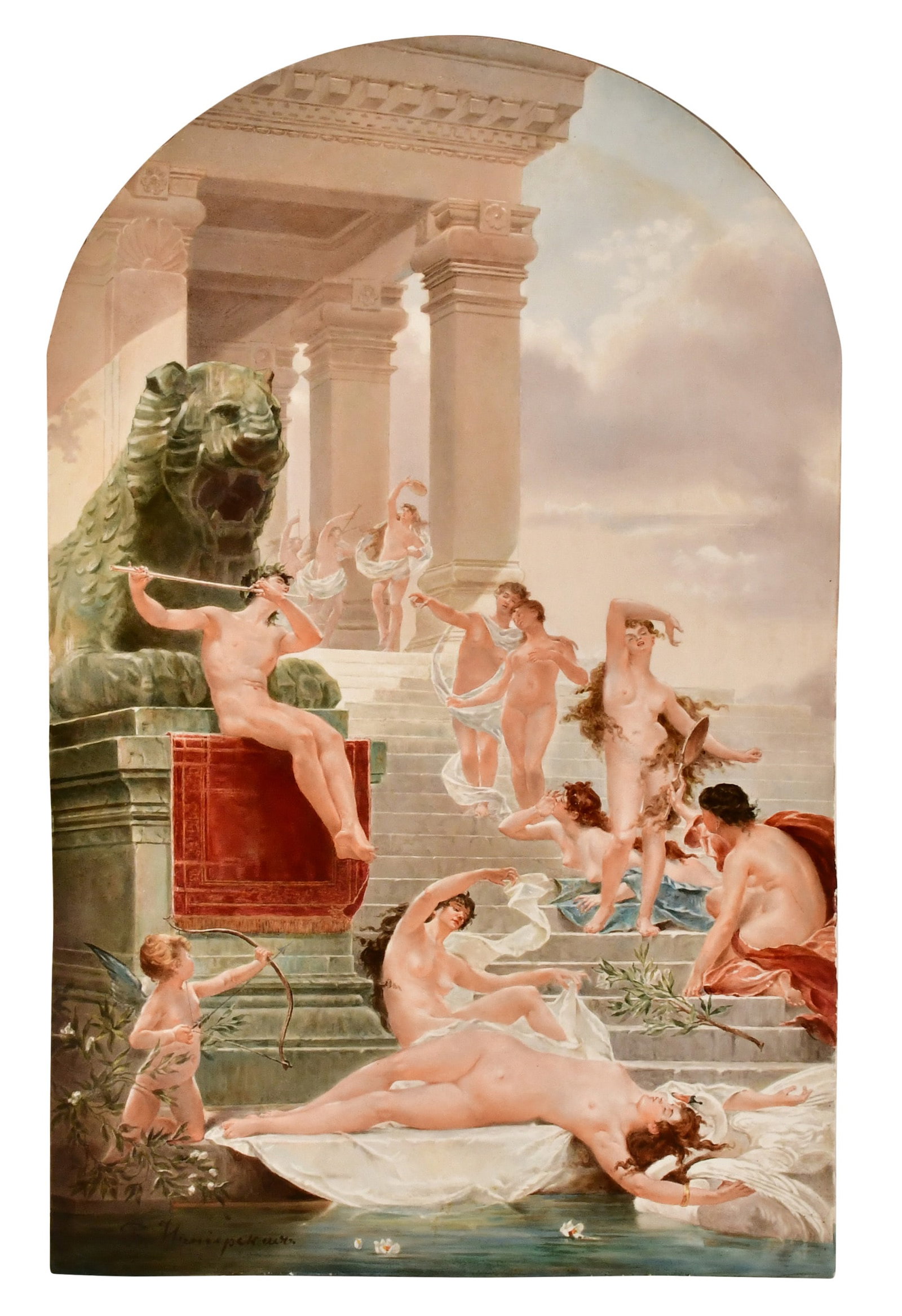 19th Century Hand-Painted Porcelain Plaque, "Profane Music," After Edouard-Marie-Guillaume Dubufe: 19th Century Hand-Painted Porcelain Plaque, "Profane Music," After Edouard-Marie-Guillaume Dubufe (French, 1853-1909) artist signed lower left 24 1/4 x 15 1/2 inches Provenance: Private Collection, Ne