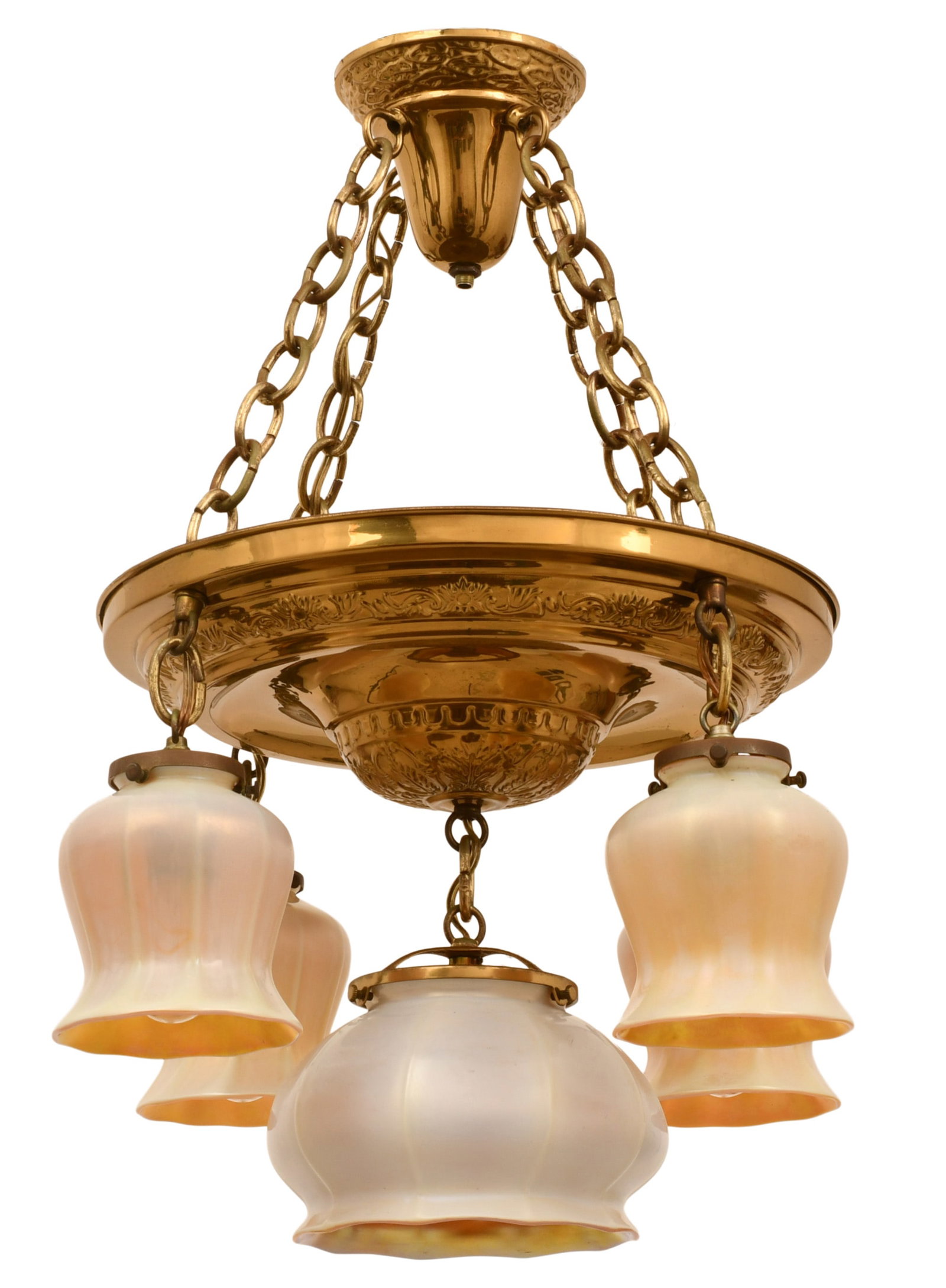 American Brass Chandelier with Steuben Art Glass Shades (1 of 6)