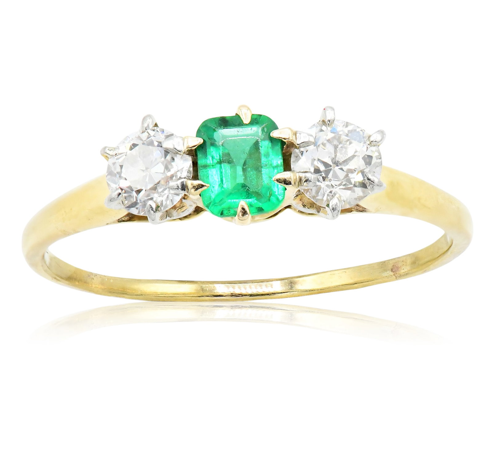 18K Yellow Gold, White Gold, Diamond & Emerald Three Stone Ring (1 of 1)