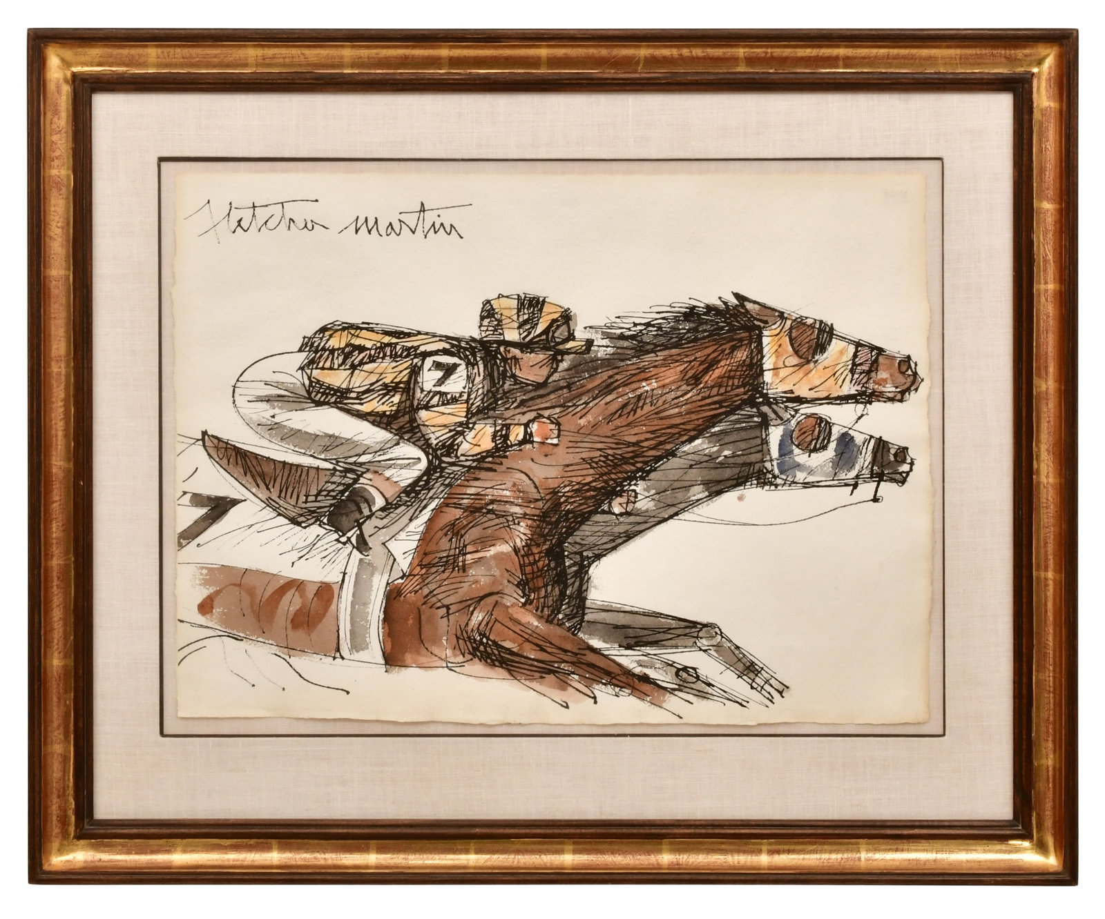 Fletcher Martin (American, 1904-1979), Horse Race: Fletcher Martin (American, 1904-1979) Horse Race mixed media signed "Fletcher Martin" (upper left) 17 1/2 x 24 inches (sight) 27 1/2 x 33 1/2 inches (frame) Provenance: Important Private Collection