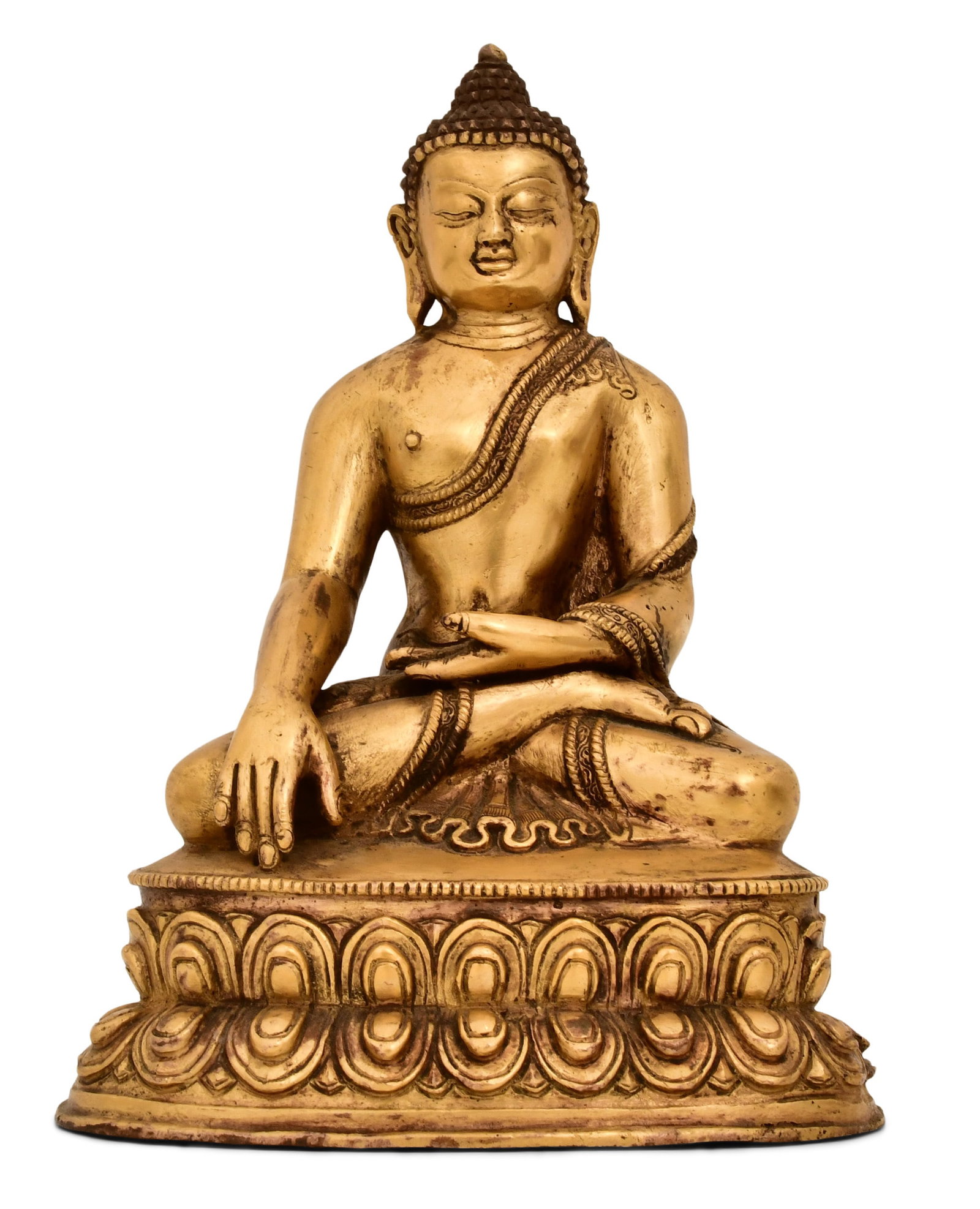 Qing Dynasty Gilt Bronze Figure of Shakyamuni Buddha: Qing Dynasty Gilt Bronze Figure of Shakyamuni Buddha 7 1/2 x 5 1/2 x 4 inches Provenance: Private Collection, New York Other Notes: Fontaine's Auction Gallery can arrange shipping for this item (USA o