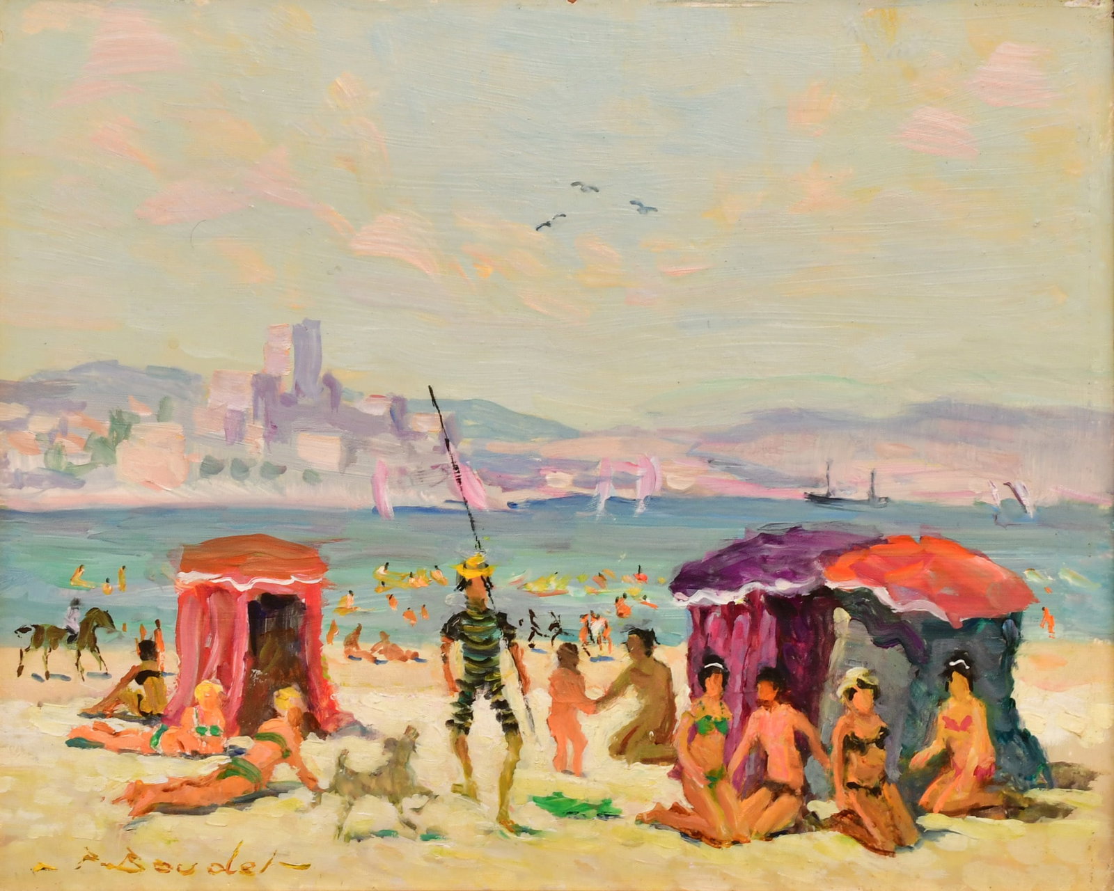 Pierre Boudet (French, 1925-2010), "Antibes Beach": Pierre Boudet (French, 1925-2010) "Antibes Beach" oil on board signed "P. Boudet" (lower left); and signed, titled and inscribed (verso) 8 1/2 x 10 1/2 inches (board) 10 1/2 x 12 1/2 inches (frame)