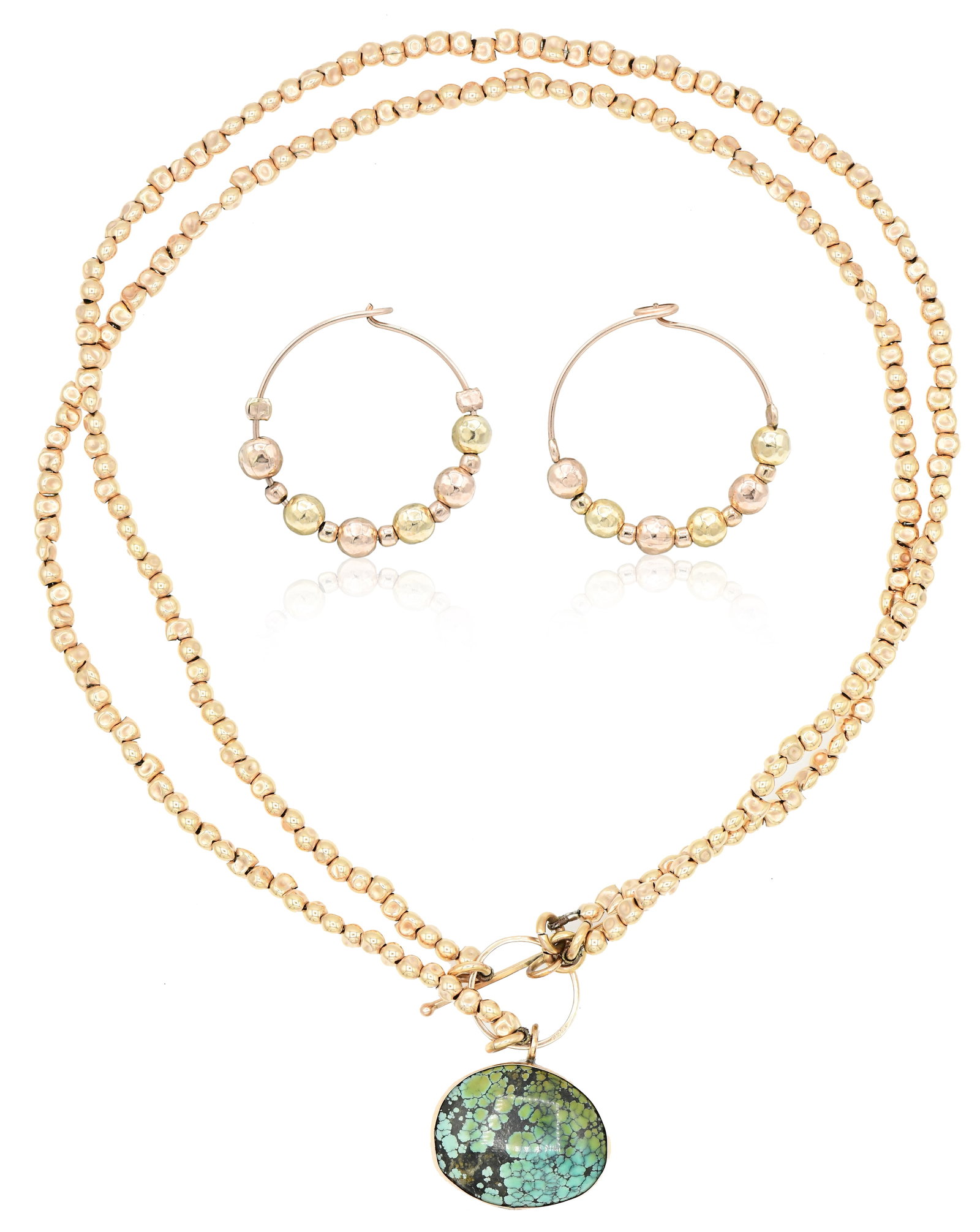 9K Yellow Gold & Tibetan Turquoise Necklace & Earrings Set (1 of 7)