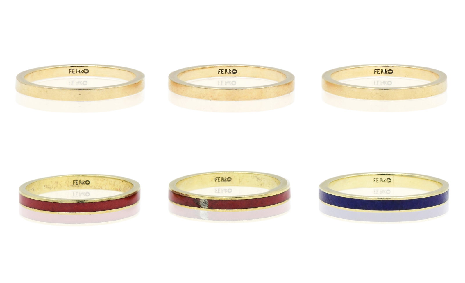 FE Group of 14K Yellow Gold & Enamel Ring Bands: FE Group of 14K Yellow Gold & Enamel Ring Bands • 7 (largest ring size) • 7.7 dwt (total lot weight) Provenance: Private Collection, Massachusetts Other Notes: Fontaine's Auction Gallery c