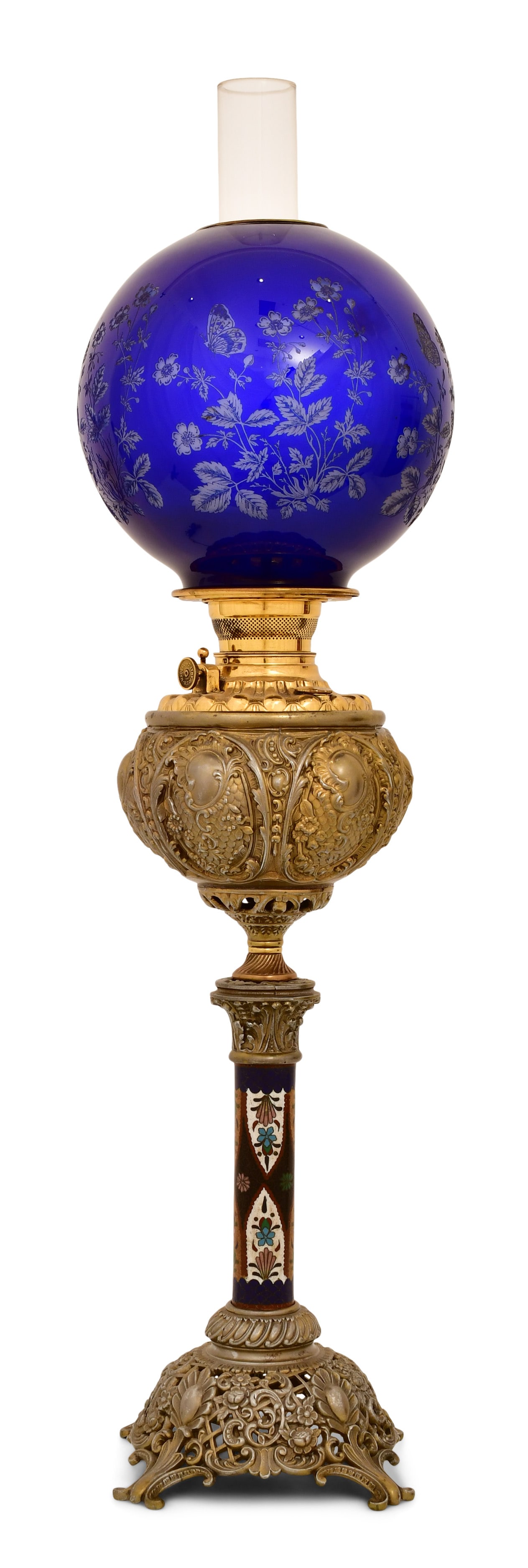 American Victorian Brass Parlor Lamp with Acid-Etched Glass Shade (1 of 4)