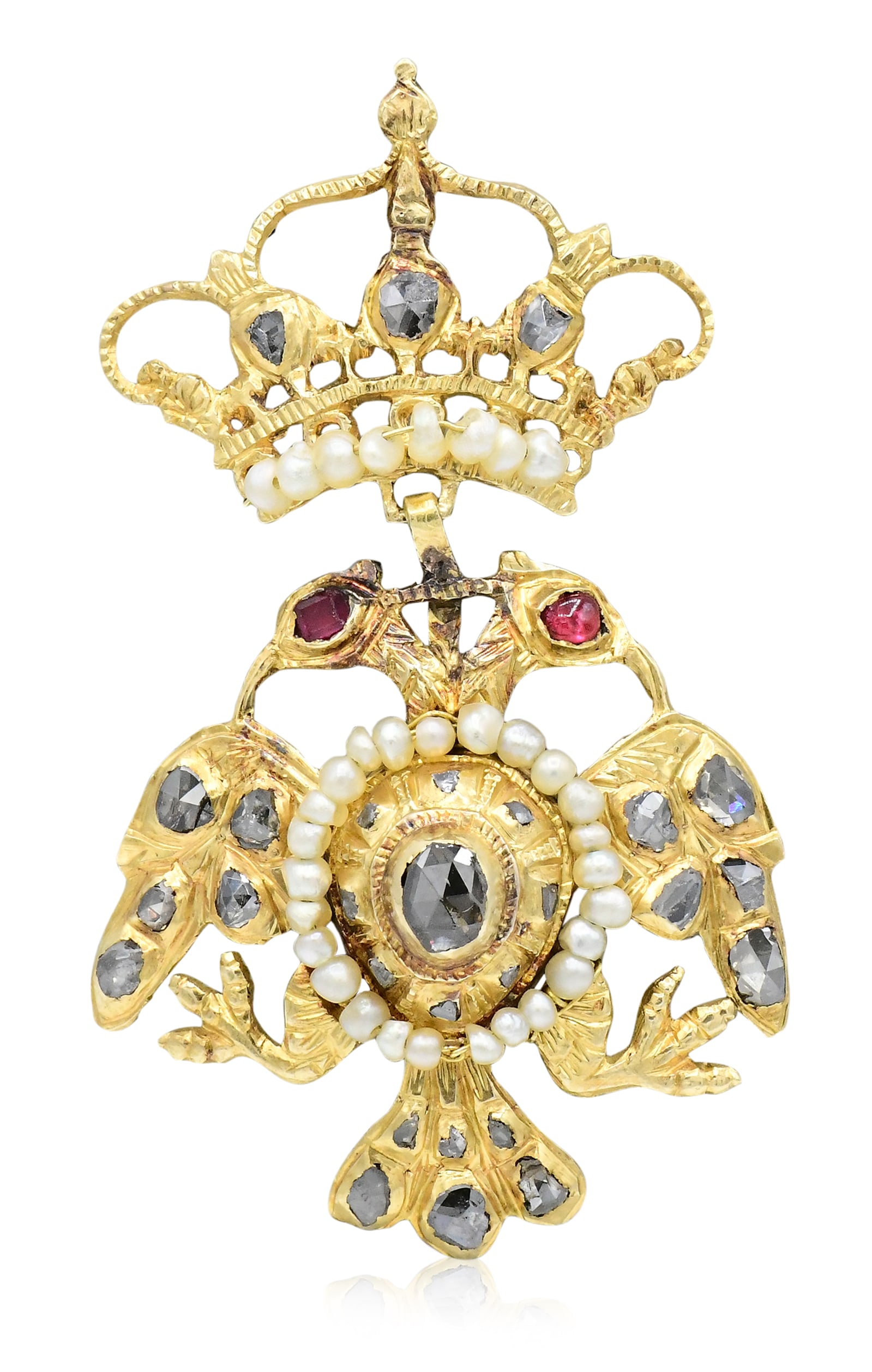 14K Yellow Gold, Diamond, Ruby & Seed Pearl Russian Double Eagle Pendant: 14K Yellow Gold, Diamond, Ruby & Seed Pearl Russian Double Eagle Pendant • set with rose cut diamonds weighing a total of 0.78 carats • accented by faceted rubies weighing a total of 0.16 