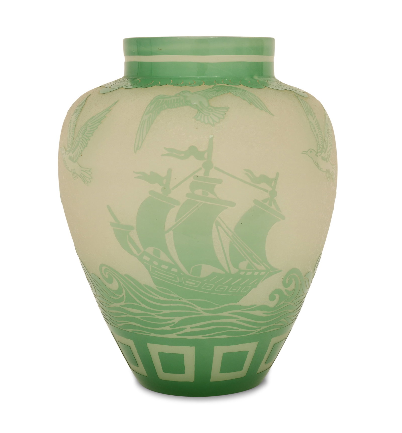 Steuben Acid Cut Back Glass Vase with Sailing Ships: Steuben Glass Works (Corning, New York, est. 1930) Vase with Sailing Ships circa 1910 acid cut back glass unmarked 9 1/2 x 7 inches Provenance: Private Collection, New York