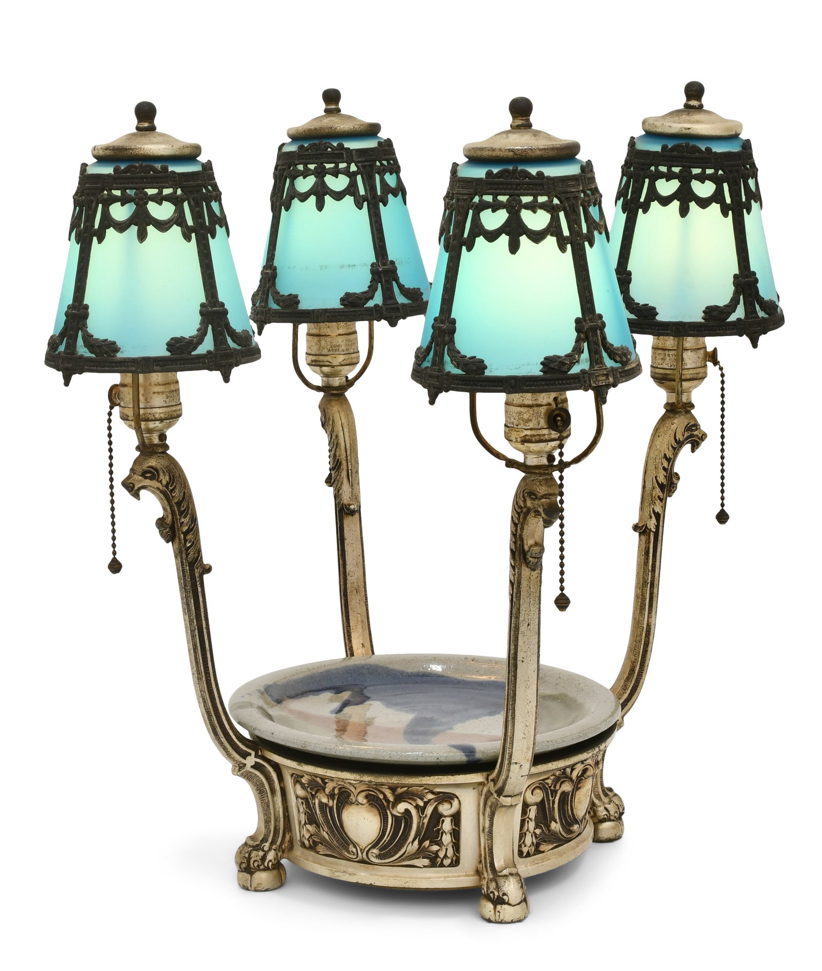 Pittsburgh Lamp, Brass & Glass Co., Unusual Four-Light Candelabra Lamp: Pittsburgh Lamp, Brass & Glass Company Unusual Four-Light Candelabra Lamp early 20th century slag glass, silvered metal 18 x 14 x 14 inches Provenance: Property from a Massachusetts Collector