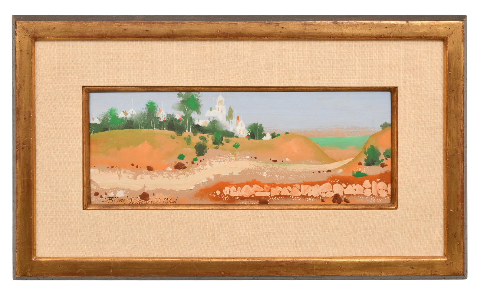 Byron Browne (American, 1907-1961), "Provincetown": Byron Browne (American, 1907-1961) "Provincetown" oil on board signed and dated "Byron Browne, 1961" (lower left); and inscribed "Byron Browne, 1961, Provincetown" (verso) 7 1/2 x 16 1/2 inches (board