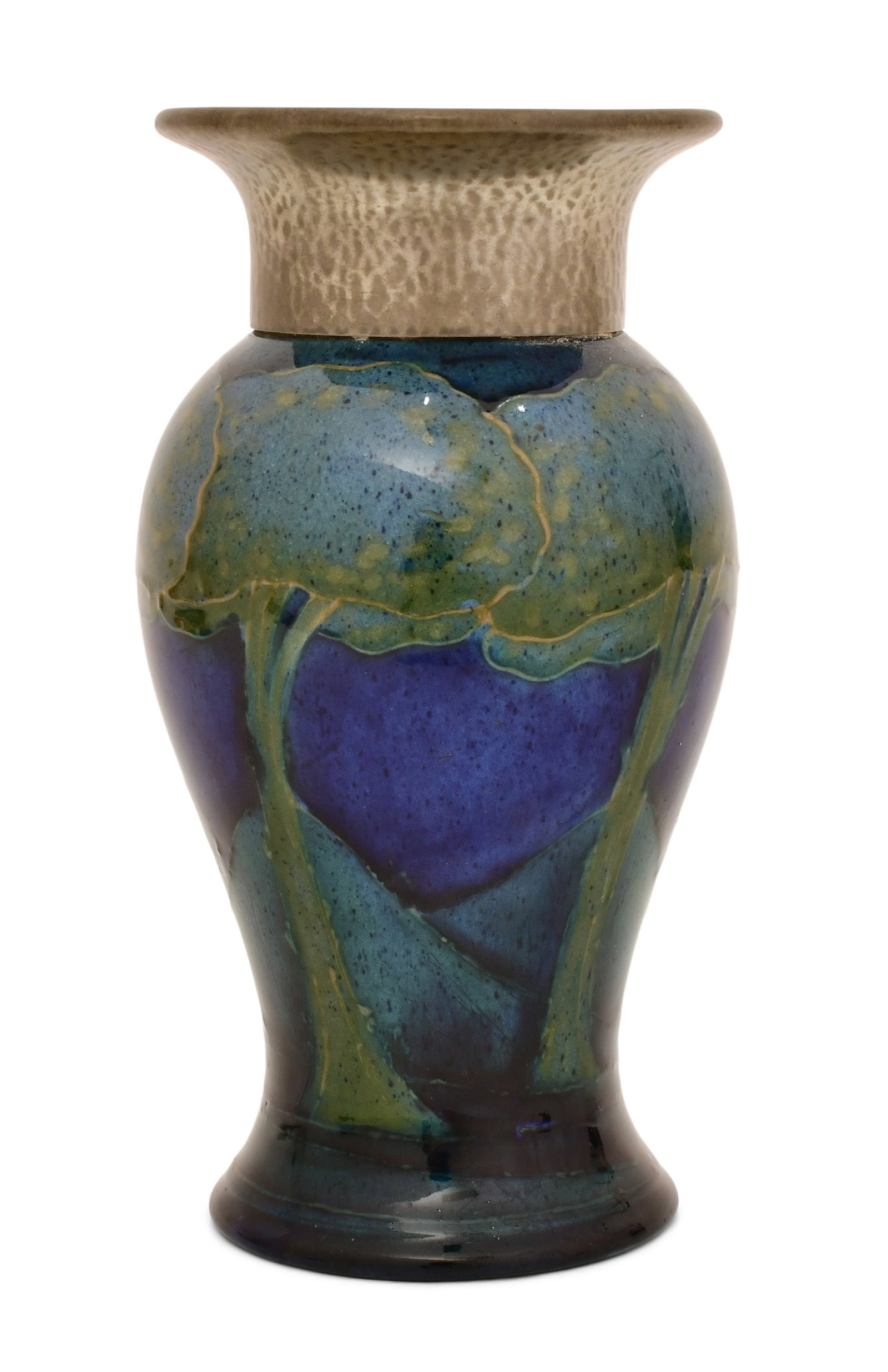 Moorcroft Pottery "Moonlit Blue" Metal-Mounted Vase: Moorcroft Pottery "Moonlit Blue" Metal-Mounted Vase early 20th century signed to the underside 7 x 3 3/4 inches Provenance: Private Collection, Connecticut