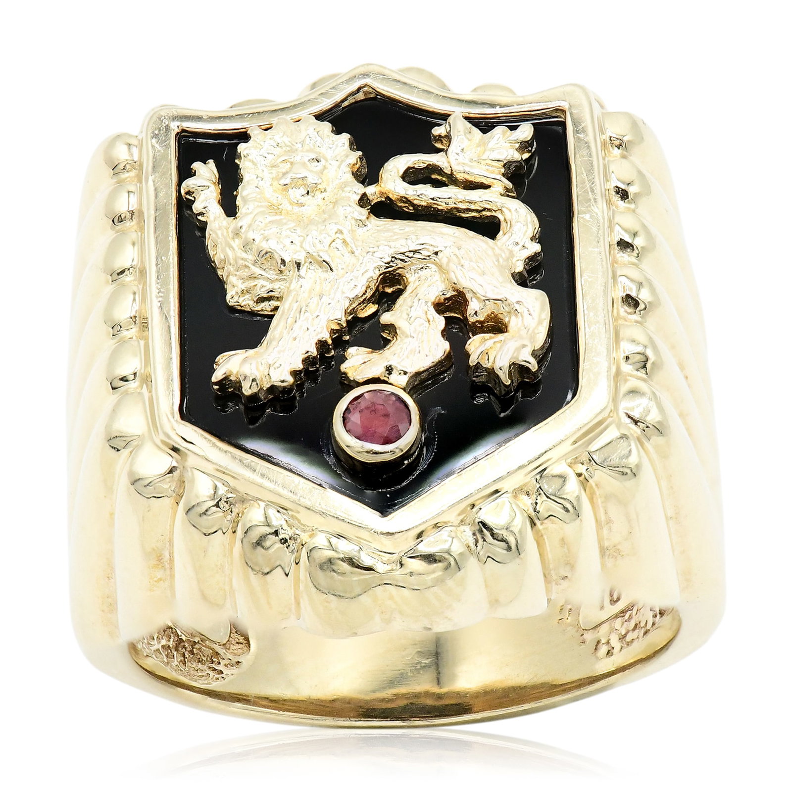 10K Yellow Gold, Ruby & Black Onyx Heraldic Lion Ring (1 of 5)