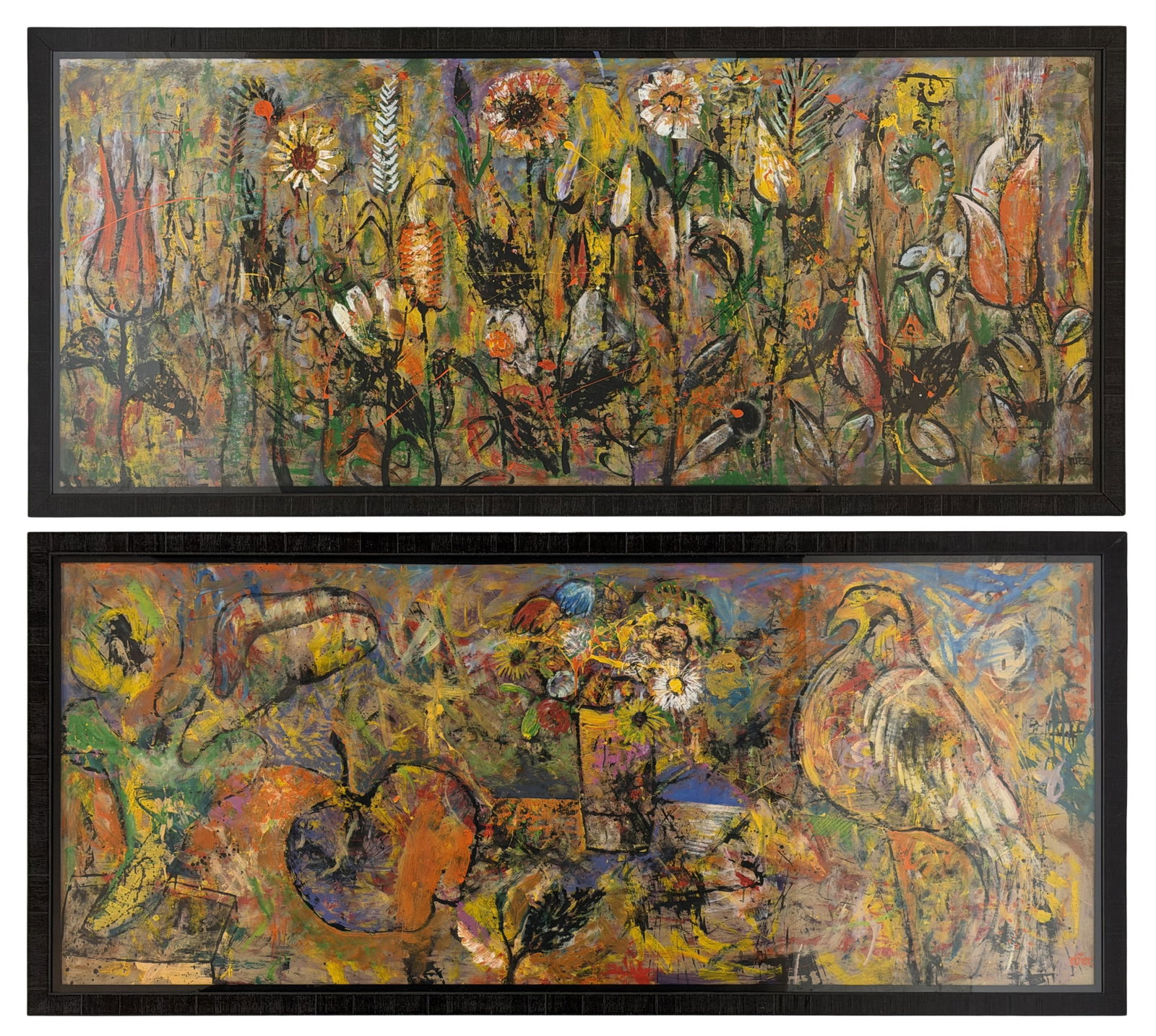 Denis Nunez (Nicaraguan, b. 1956), Two Abstract Landscape Paintings: Denis Nunez (Nicaraguan, b. 1956) Two Abstract Landscape Paintings mixed media each signed "Nunez" 35 1/2 x 87 inches (board) 41 x 92 inches (frame) Provenance: Private Collection, New York
