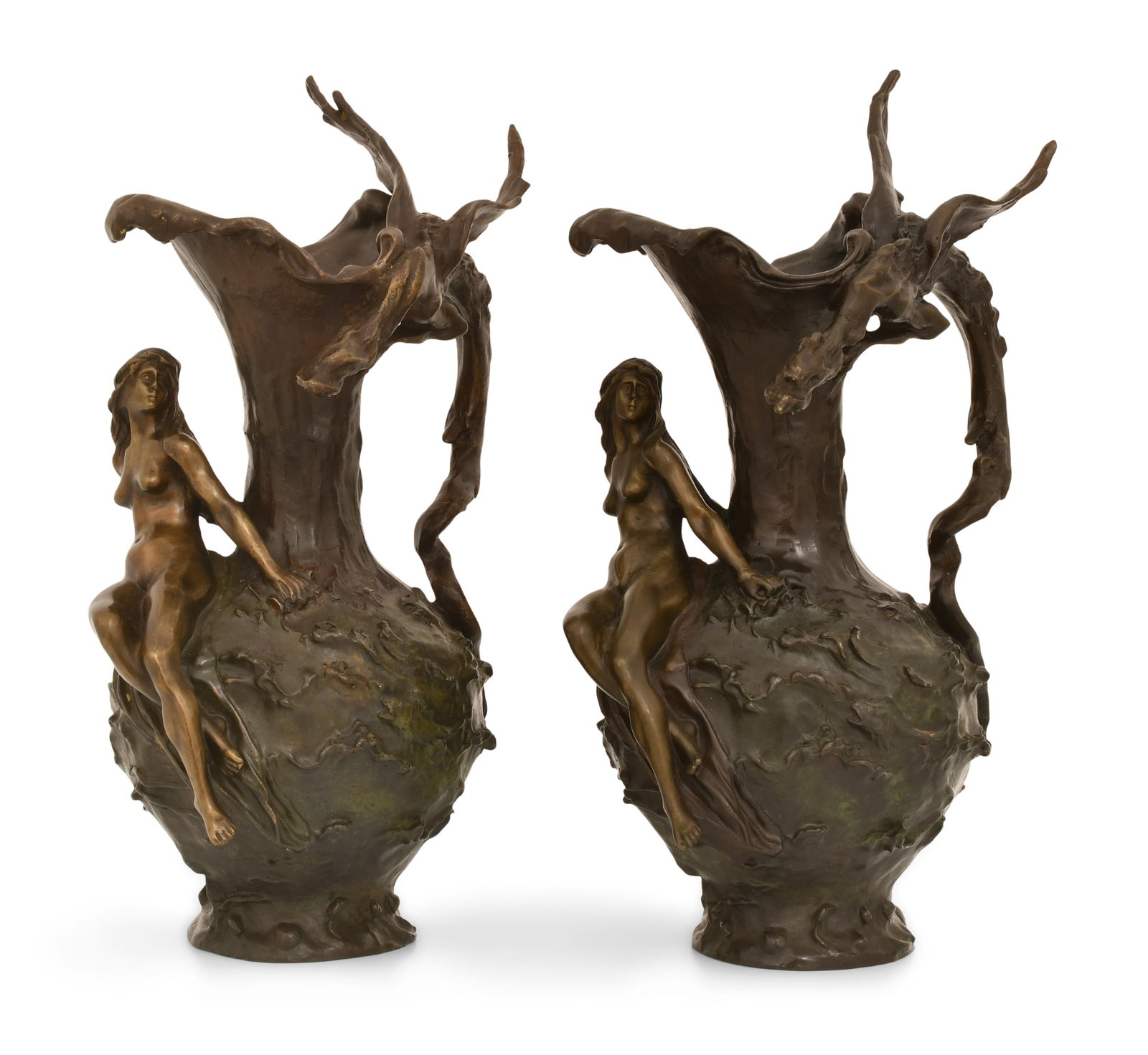 Marcel Debut (French, 1865-1933), Pair of Bronze Ewers with Nude Females & Dragon Handles: Marcel Debut (French, 1865-1933) Pair of Ewers with Nude Females & Dragon Handles patinated bronze each signed "Marcel Debut" 16 x 7 1/2 inches Provenance: Private Collection, New Jersey