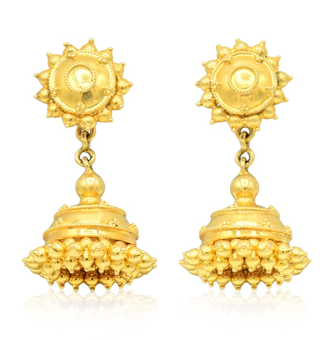 22K Yellow Gold Jhumka Earrings: 22K Yellow Gold Jhumka Earrings • 1 1/8 inches (length) • 3.5 dwt (total weight) Provenance: Private Collection, New Jersey Other Notes: Fontaine's Auction Gallery can arrange shipping