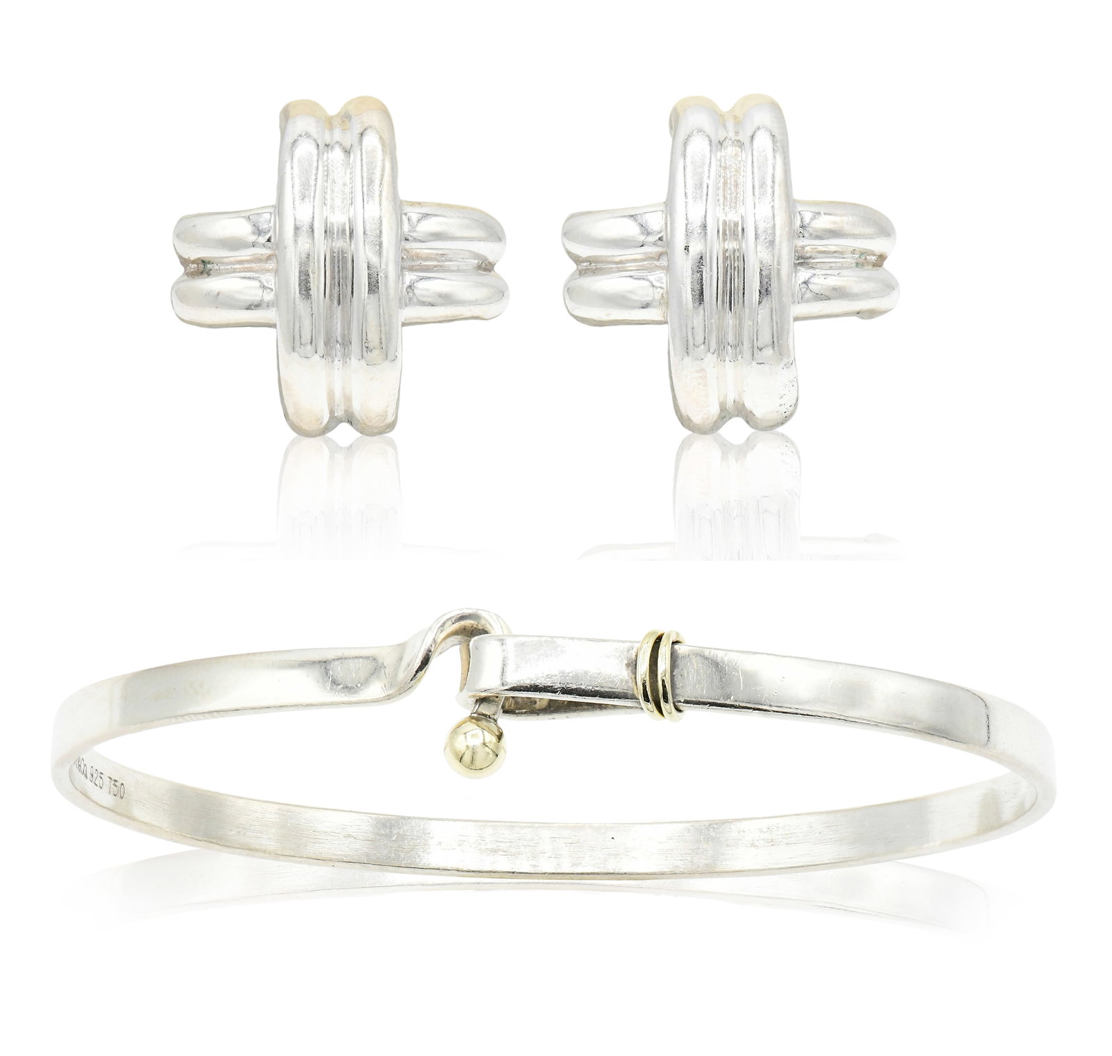 Tiffany & Co. Sterling Silver & 18K Yellow Gold Bracelet With Sterling Silver Paloma Picasso: Tiffany & Co. Sterling Silver & 18K Yellow Gold Bracelet With Sterling Silver Paloma Picasso Earrings • 7 inches (bracelet internal circumference) • 2 9/16 x 2 3/16 x 3/8 inches (bracelet