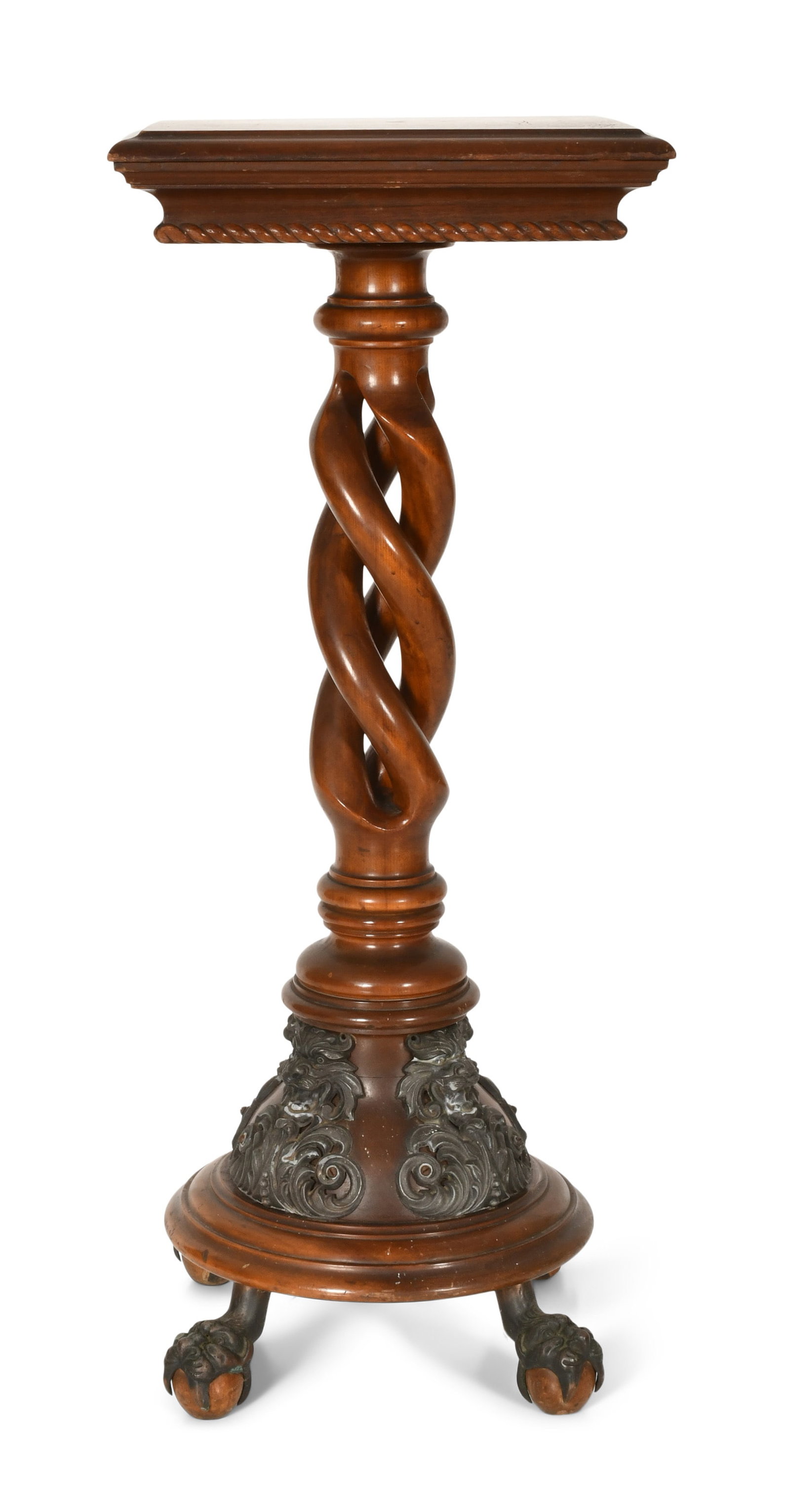Merklen Brothers Mahogany Pedestal: Merklen Brothers Mahogany Pedestal late 19th century decorated with bronze claw feet and mythical figure heads 39 1/2 x 14 x 14 inches Provenance: Private Collection, Massachusetts