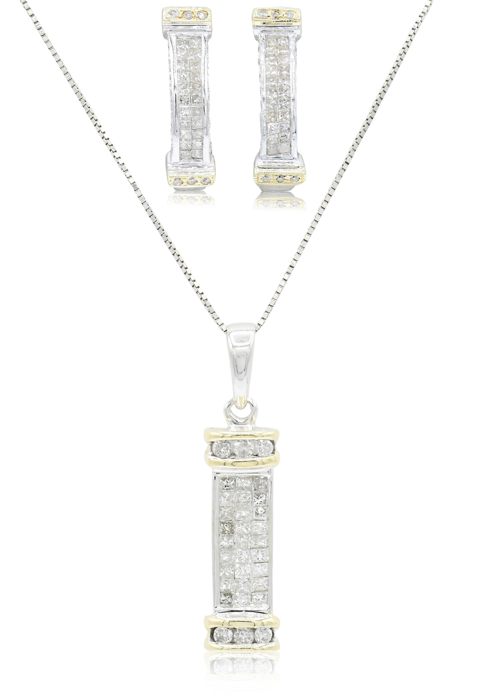 14K Yellow Gold, White Gold & Diamond Demi Parure: 14K Yellow Gold, White Gold & Diamond Demi Parure • set with princess cut and round brilliant diamonds weighing a total of 2.01 carats • 1 1/8 inches (pendant length) • 18 1/4 inches