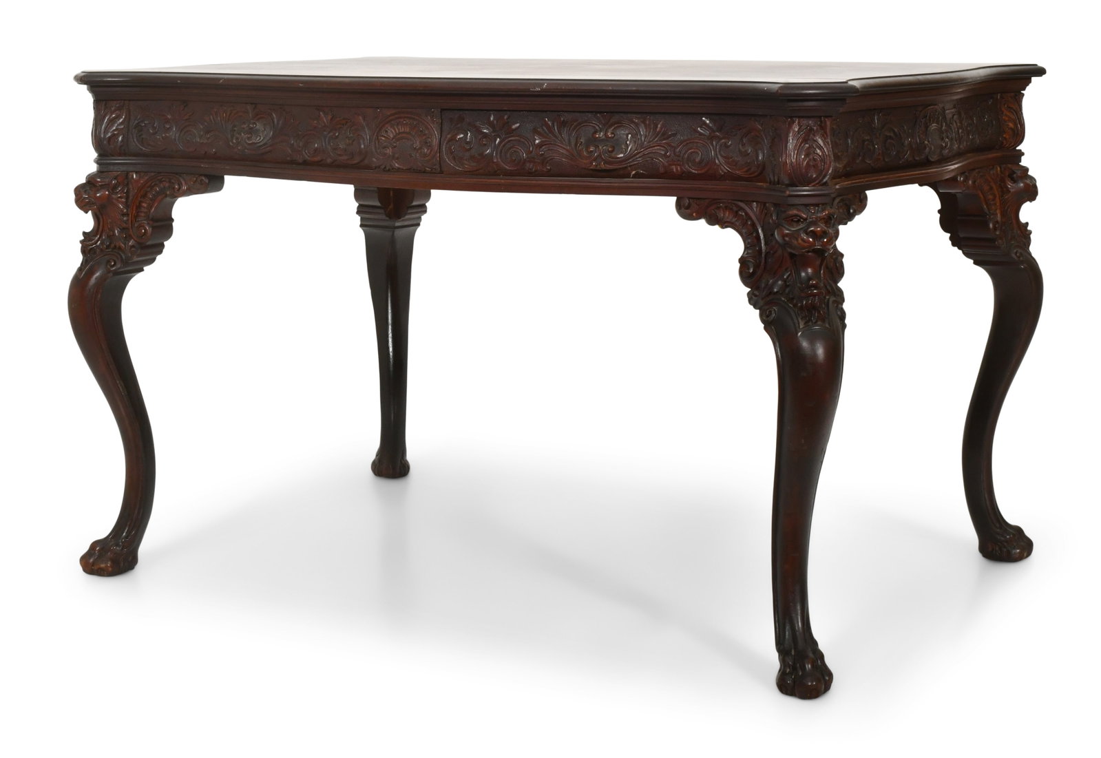 George C. Flint Co. Partner's Desk with Griffin Heads: George C. Flint Co. Partner's Desk with Griffin Heads circa 1900 carved mahogany signed with firm's label 29 x 47 1/2 x 33 inches Provenance: Private Collection, Massachusetts