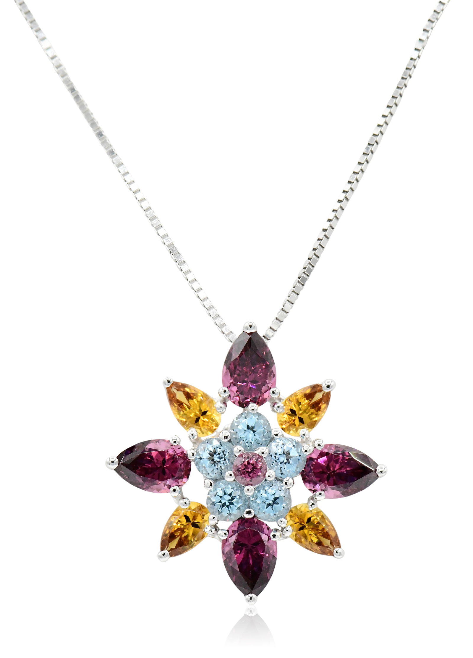 Gemtique 18K White Gold & Gemstone Flower Pendant Necklace: Gemtique 18K White Gold & Gemstone Flower Pendant Necklace • set with aquamarine, red garnet & citrine weighing a total of 3.39 carats • 3/4 inch (pendant length) • 18 inches (chain