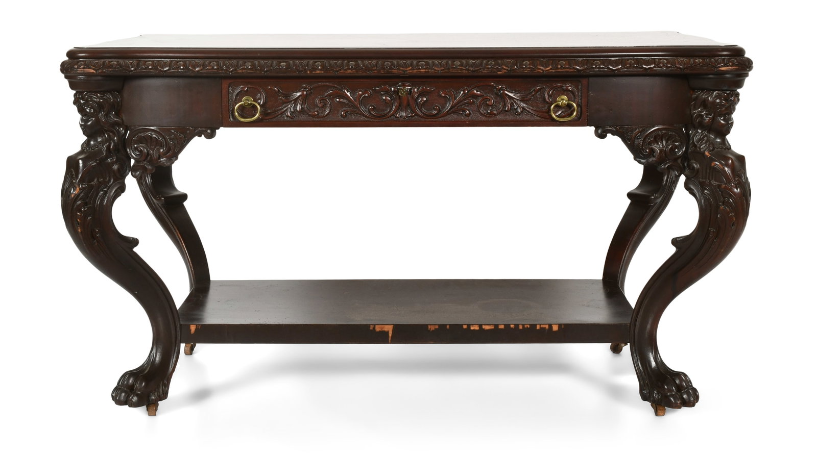 American Figural Carved Mahogany Library Table: American Figural Carved Mahogany Library Table late 19th century 30 1/2 x 54 x 31 1/2 inches Provenance: Private Collection, New Jersey