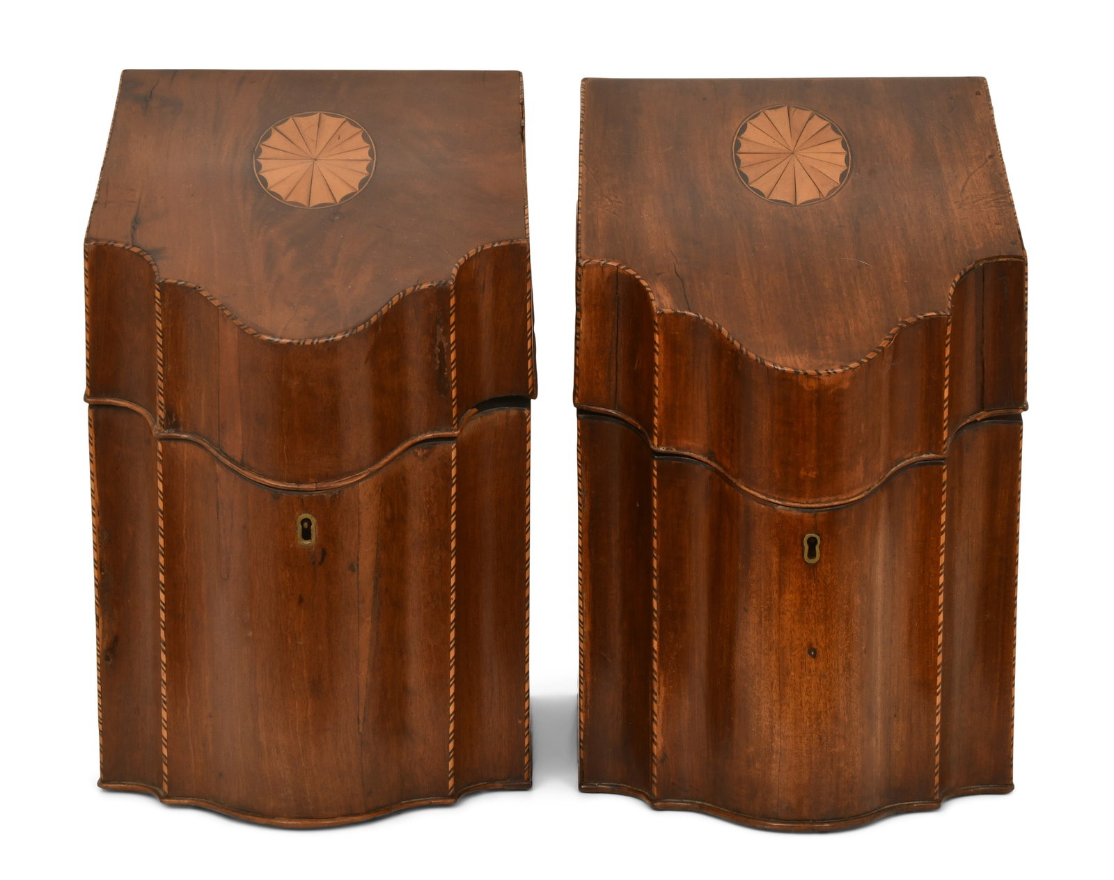 A Pair of English George III Style Inlaid Mahogany Knife Boxes: A Pair of English George III Style Inlaid Mahogany Knife Boxes 19th century 15 x 9 x 11 inches Provenance: Private Collection, New Jersey