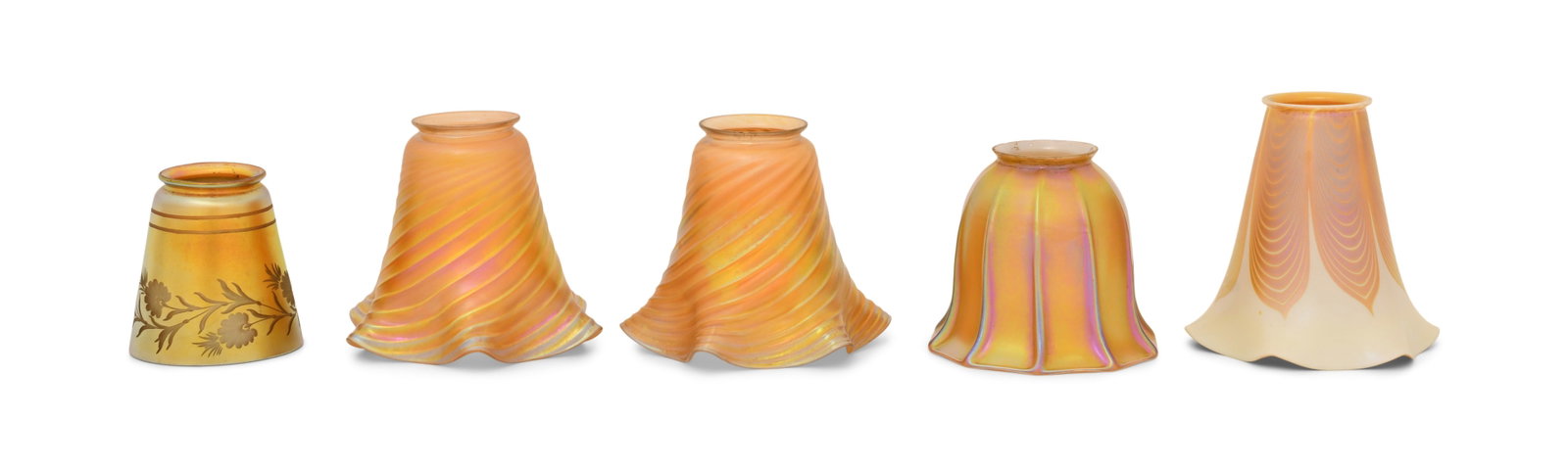 Five Steuben Glass Shades: Steuben Glass Works (Corning, New York, est. 1930) Five Shades early 20th century iridescent glass each signed with fleur-de-lis mark 5 x 5 1/2 inches (largest) Provenance: Private Collection,