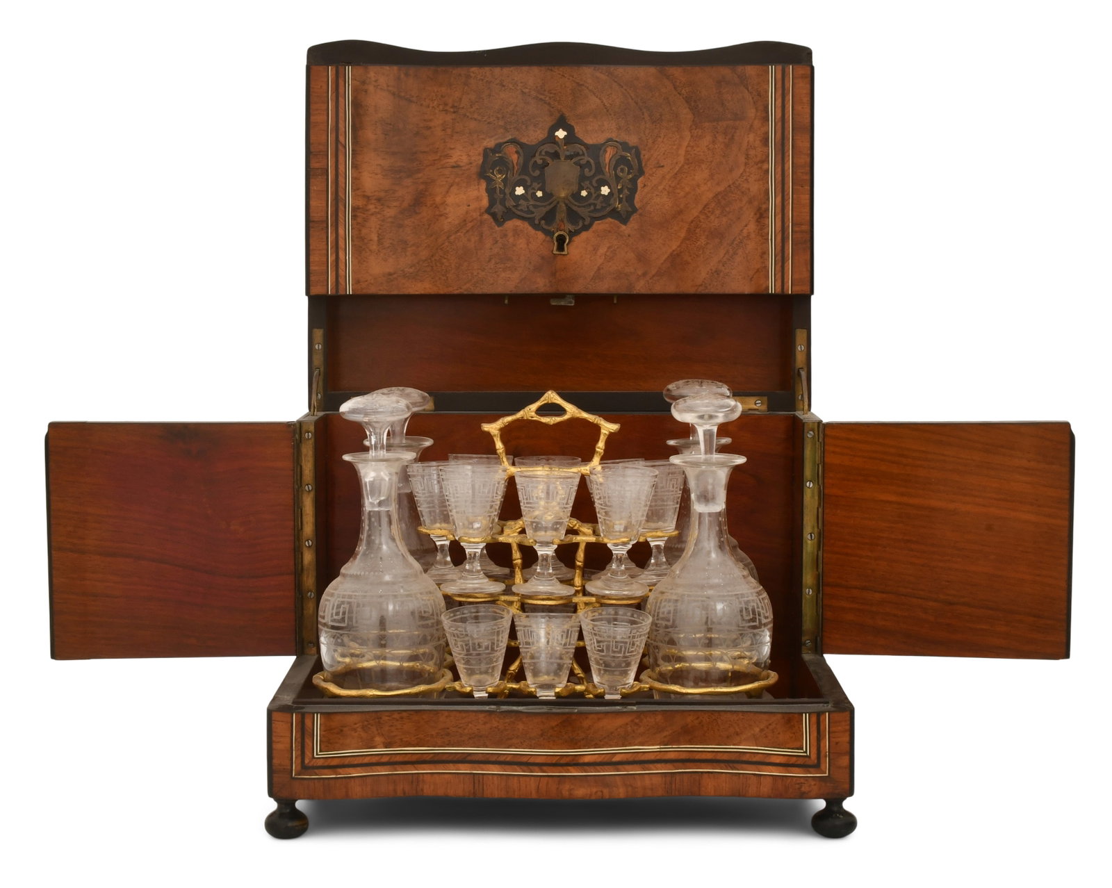 French Inlaid Burl Wood Tantalus (1 of 9)