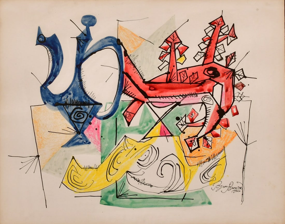 Byron Browne (American, 1907-1961), Untitled, 1946: Byron Browne (American, 1907-1961) Untitled, 1946 ink and watercolor on paper signed and dated "Byron Browne, 1946" 11 x 14 inches (sight) 17 x 20 inches (frame) Provenance: Important Private