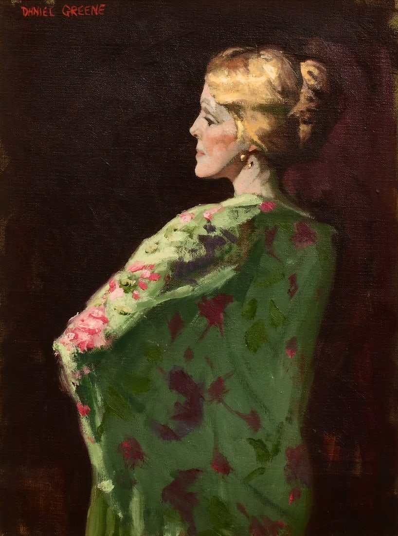 Daniel E. Greene (American, b. 1934), Portrait of a Woman: Daniel E. Greene (American, b. 1934) Portrait of a Woman oil on canvas signed "Daniel Greene" (upper left) 16 x 12 inches (canvas) 21 x 17 inches (frame) Provenance: Important Private Collection,