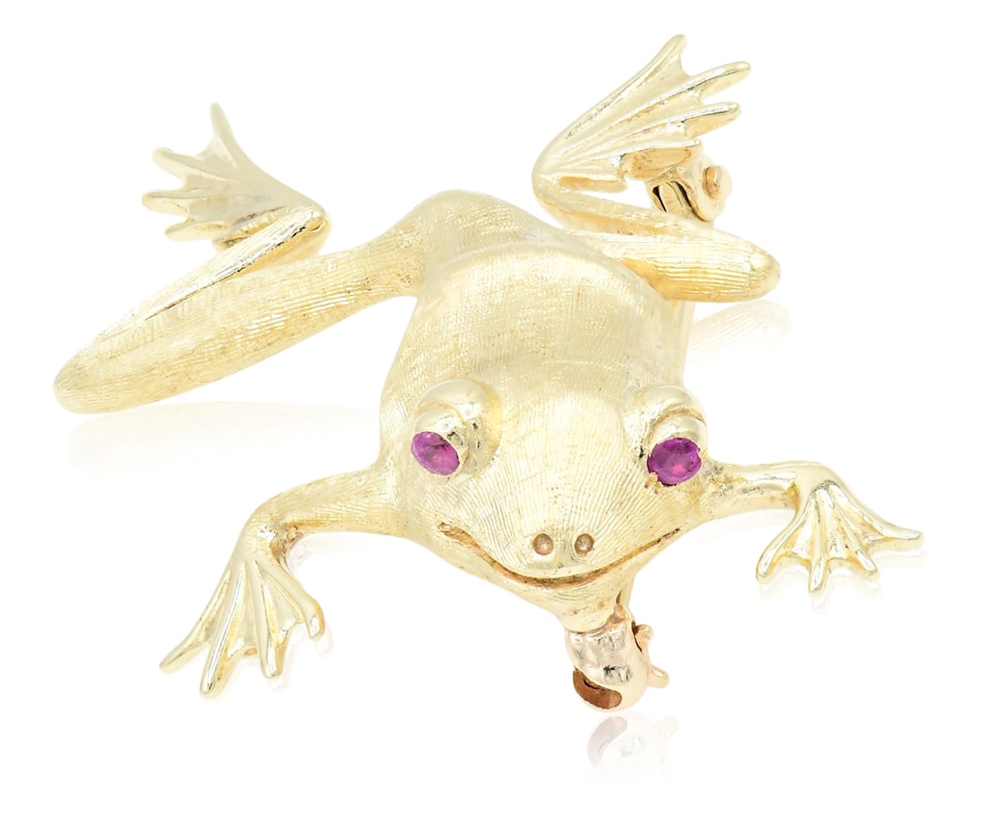 14K Yellow Gold & Ruby Frog Brooch: 14K Yellow Gold & Ruby Frog Brooch • the eyes set with faceted round rubies weighing a total of 0.08 carats • 1 5/8 inches (length) • 5.9 dwt (total weight) Provenance: Important