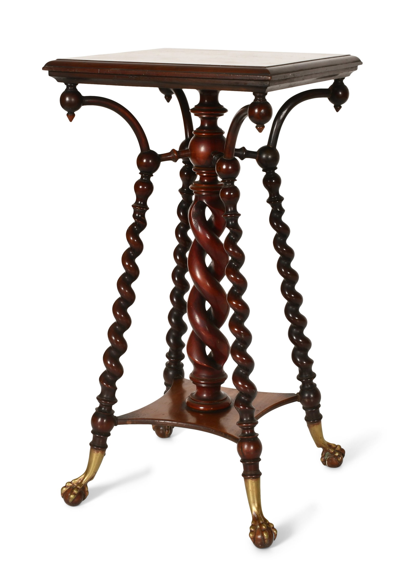 Merklen Brothers Mahogany Pedestal: Merklen Brothers Mahogany Pedestal late 19th century decorated with Solomonic supports and bronze claw feet 34 x 18 x 18 inches Provenance: Private Collection, Massachusetts