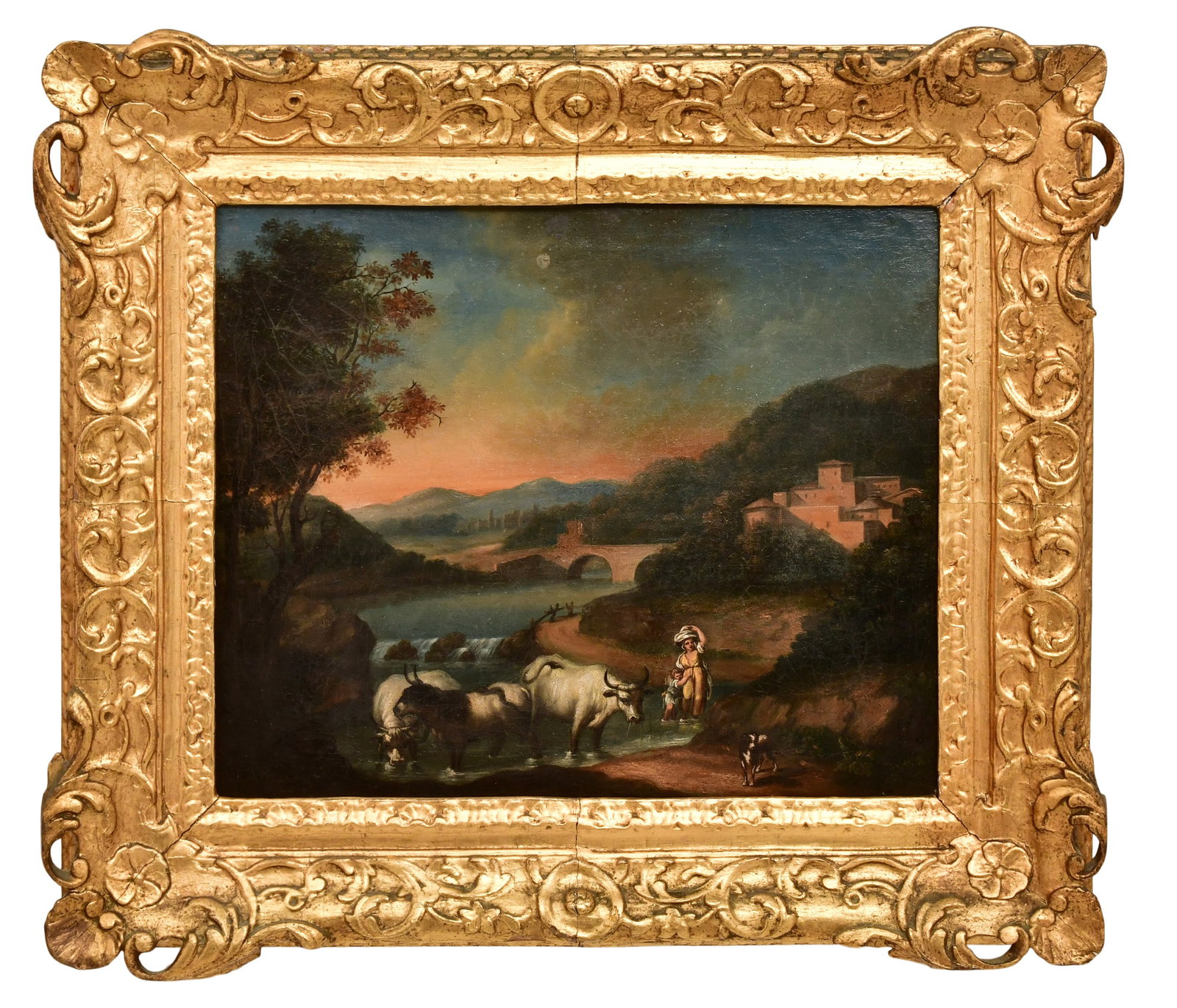 Italian School, 19th Century, Figures with a Dog and Cattle in a Landscape, Oil on Canvas: Italian School, 19th Century, Figures with a Dog and Cattle in a Landscape, Oil on Canvas 15 x 18 inches (canvas) 22 1/2 x 25 1/2 inches (frame)