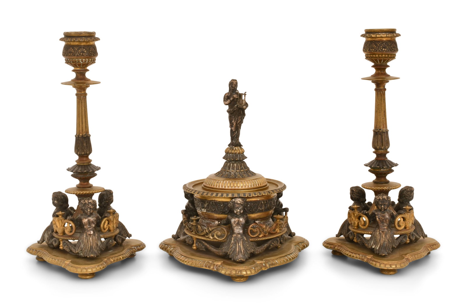 French Bronze Figural Desk Set, Comprising Inkwell a Pair of Candlesticks (1 of 1)