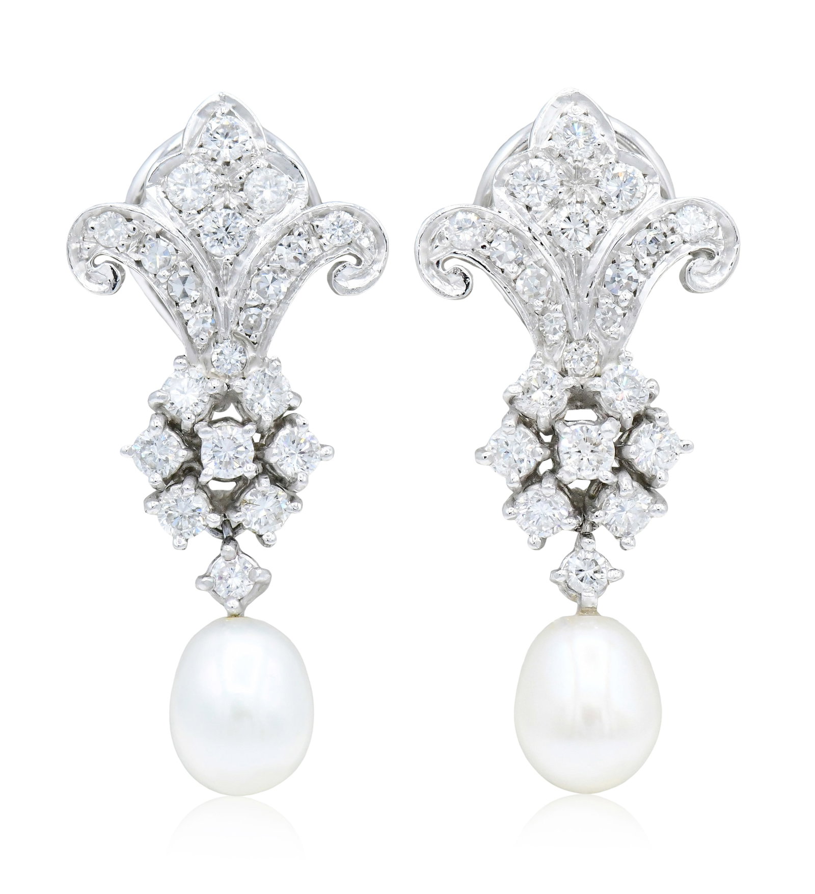 14K White Gold, Diamond & Pearl Art Deco Drop Earrings: 14K White Gold, Diamond & Pearl Art Deco Drop Earrings • featuring cultured pearls measuring approximately 6.80 x 8.00 mm • accented by round brilliant and single cut diamonds weighing a