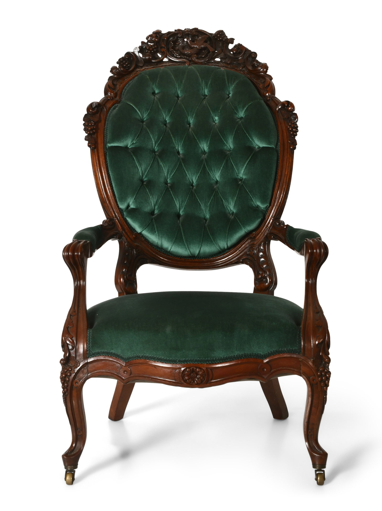 American Rococo Revival Walnut Armchair: American Rococo Revival Walnut Armchair 19th century carved with a bird and nest, scrollwork and berry clusters 46 x 27 x 25 inches