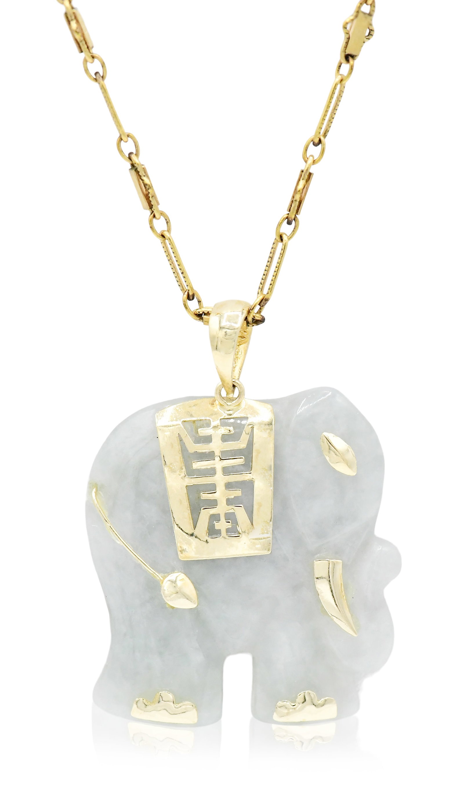14K Yellow Gold & Jade Lucky Elephant Necklace: 14K Yellow Gold & Jade Lucky Elephant Necklace • 1 3/8 inches (pendant length) • 41 1/2 inches (chain length) • 7.7 dwt (total weight) Provenance: Important Private Collection Other