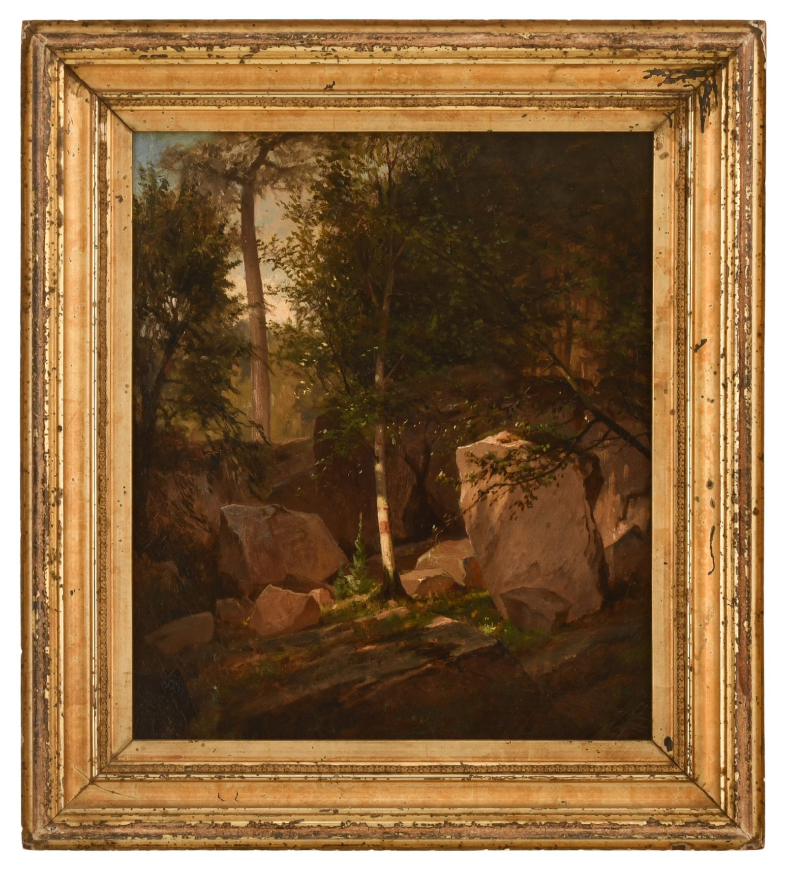 Attr. Thomas Hill (American, 1829-1908), "Landscape with Boulders and Birch Trees": Attributed to Thomas Hill (American, 1829-1908) "Landscape with Boulders and Birch Trees" oil on board with Garzoli Gallery label (verso) 15 x 13 inches (board) 19 x 17 inches (frame) Provenance: The