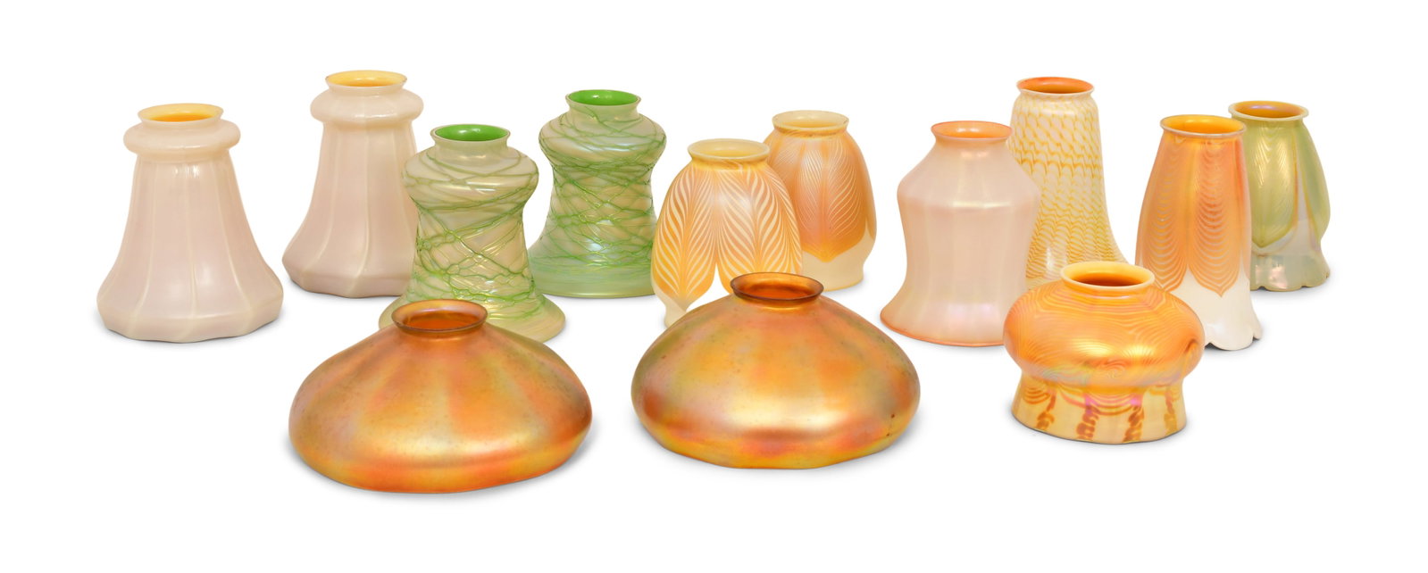 A Group of 13 American Art Glass Shades: A Group of 13 American Art Glass Shades early 20th century 5 1/2 x 5 inches (largest) Provenance: Private Collection, Tennessee