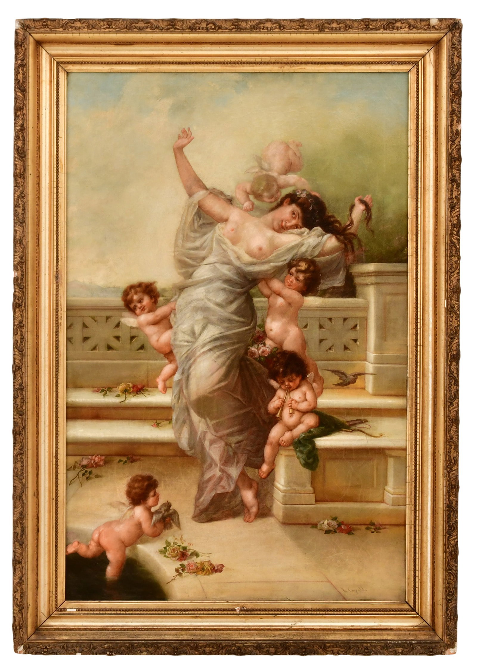 L. Capaldo, Female Nude with Cherubs, Oil on Canvas, Late 19th Century: L. Capaldo, Female Nude with Cherubs, Oil on Canvas, Late 19th Century 26 x 40 inches (canvas) 47 x 33 inches (frame) Provenance: Private Collection, New York