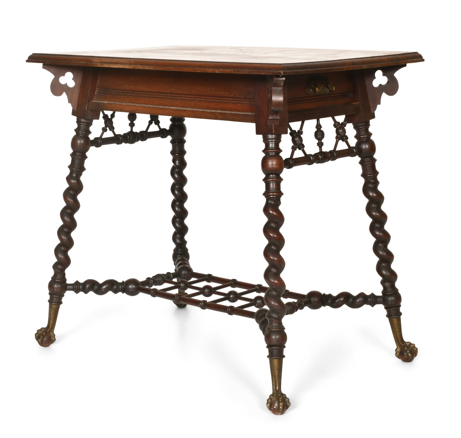 Merklen Brothers Mahogany Table: Merklen Brothers Mahogany Table late 19th century with Solomonic supports, stick-and-ball design and bronze claw feet 28 x 20 x 30 inches Provenance: Private Collection, Massachusetts