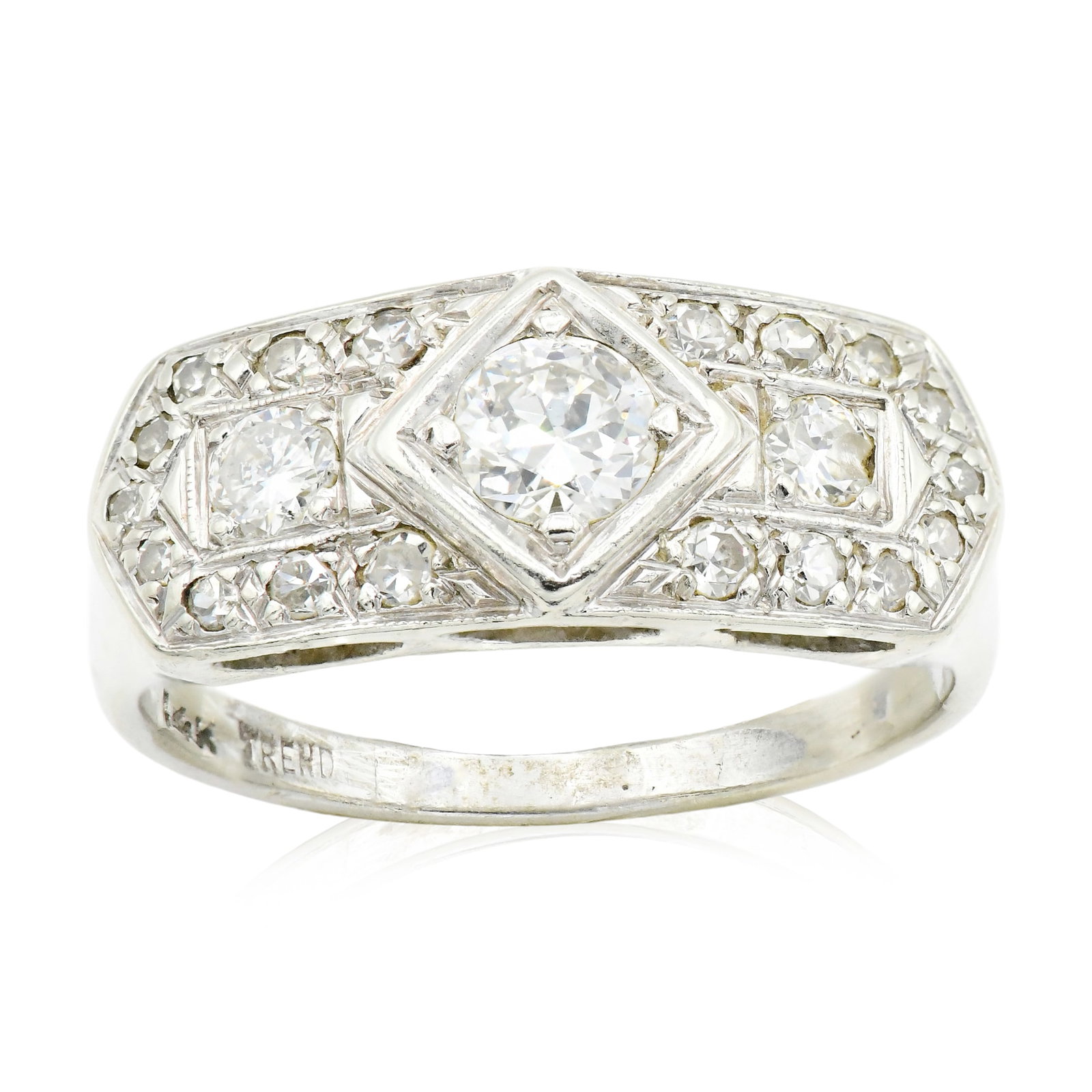 Trend 14K White Gold & Diamond Art Deco Ring: Trend 14K White Gold & Diamond Art Deco Ring • featuring a 0.27 carat round brilliant diamond • accented by round brilliant and single cut diamonds weighing a total of 0.37 carats • 