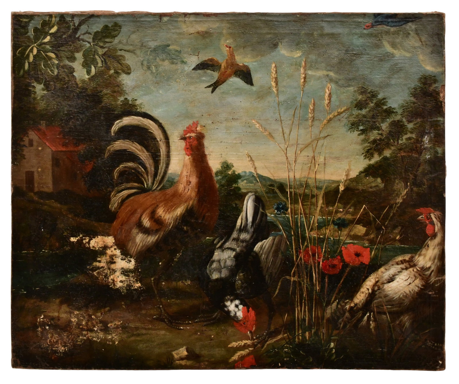 19th Century Painting of Roosters in a Landscape, Oil on Canvas: 19th Century Painting of Roosters in a Landscape, Oil on Canvas 26 x 32 inches Provenance: Private Collection, New York