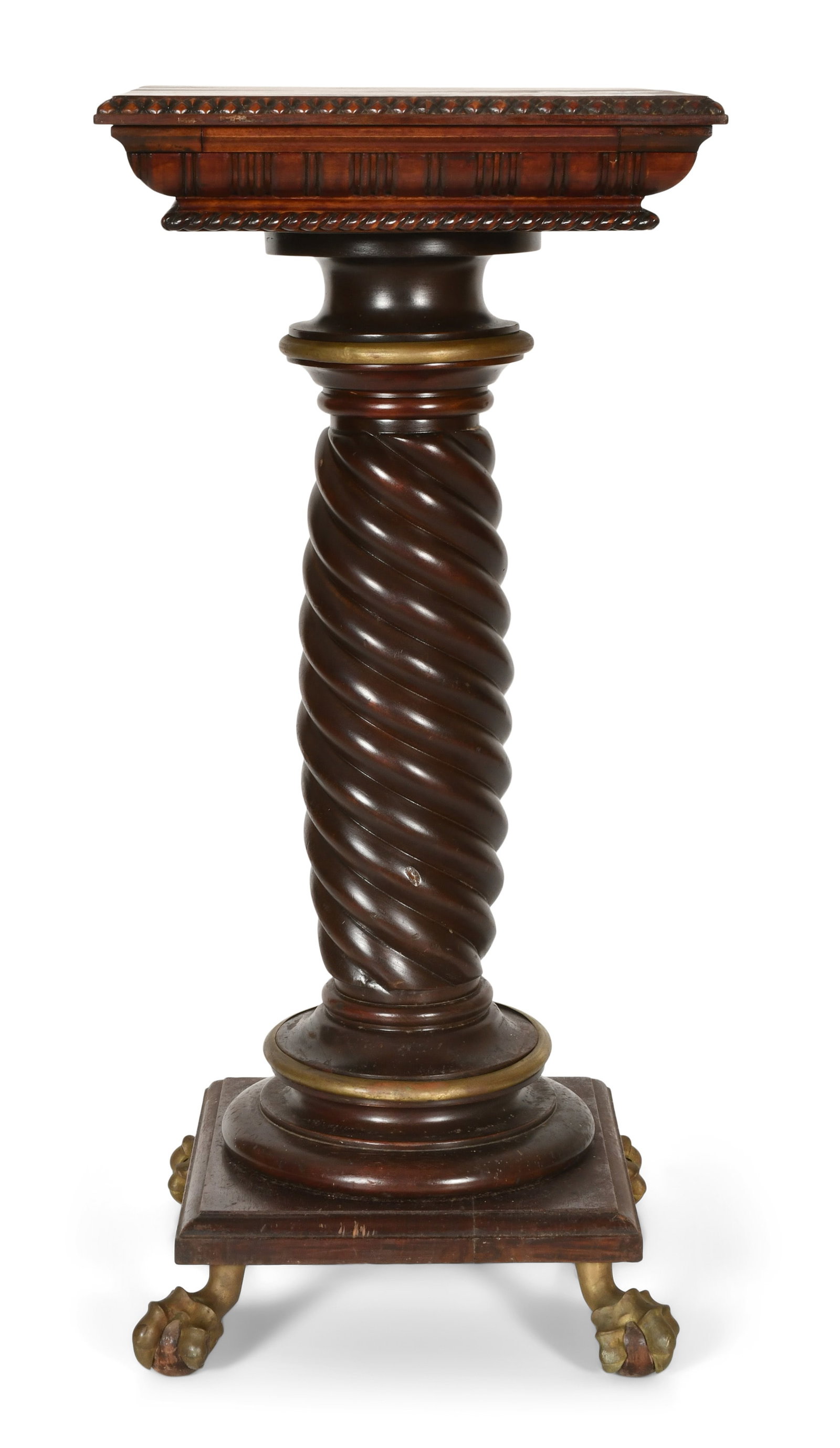 Merklen Brothers Mahogany Pedestal: Merklen Brothers Mahogany Pedestal late 19th century decorated with a Solomonic central support and bronze claw feet 41 1/2 x 19 x 19 inches Provenance: Private Collection, Massachusetts