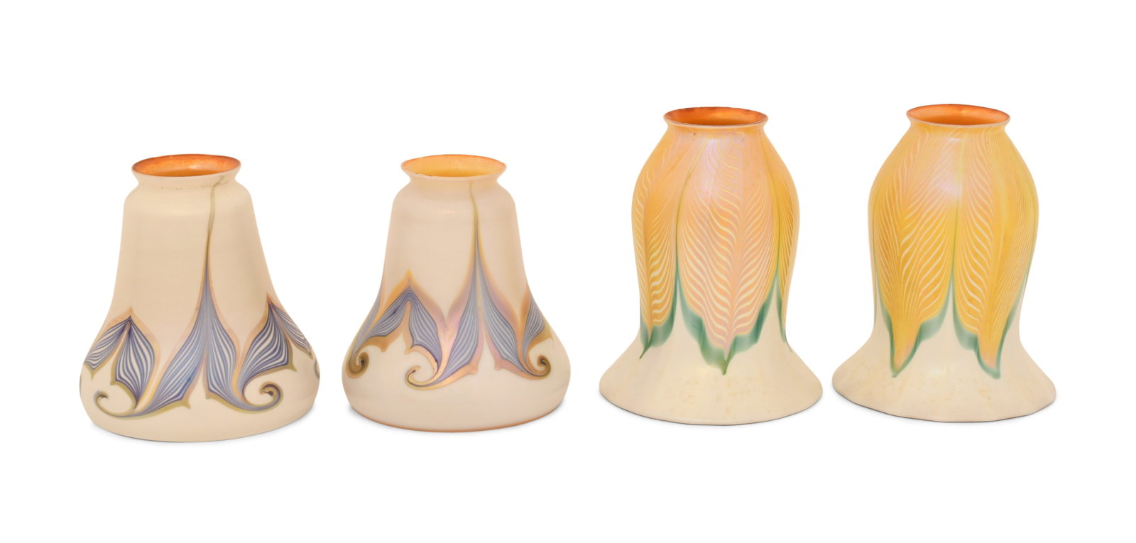 A Pair of Lustre Art Glass Shades and a Pair of Quezal Art Glass Shades: A Pair of Lustre Art Glass Shades and a Pair of Quezal Art Glass Shades early 20th century unsigned 5 1/2 x 5 inches Provenance: Private Collection, Tennessee