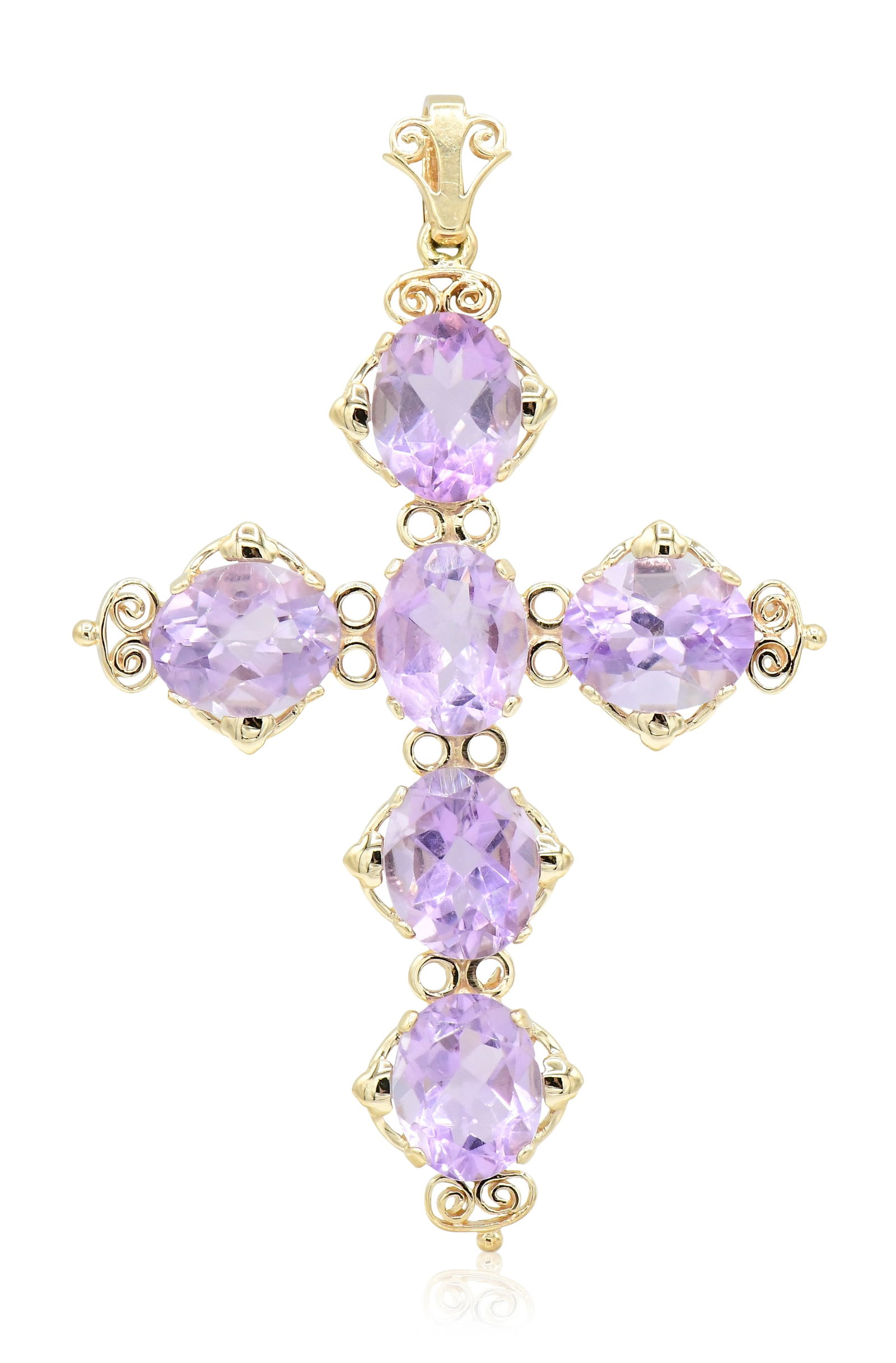 14K Yellow Gold & Amethyst Cross Pendant: 14K Yellow Gold & Amethyst Cross Pendant • set with faceted oval amethyst weighing a total of 13.44 carats • makers mark: MMA • 2 3/8 inches (length) • 5.4 dwt (total weight) O