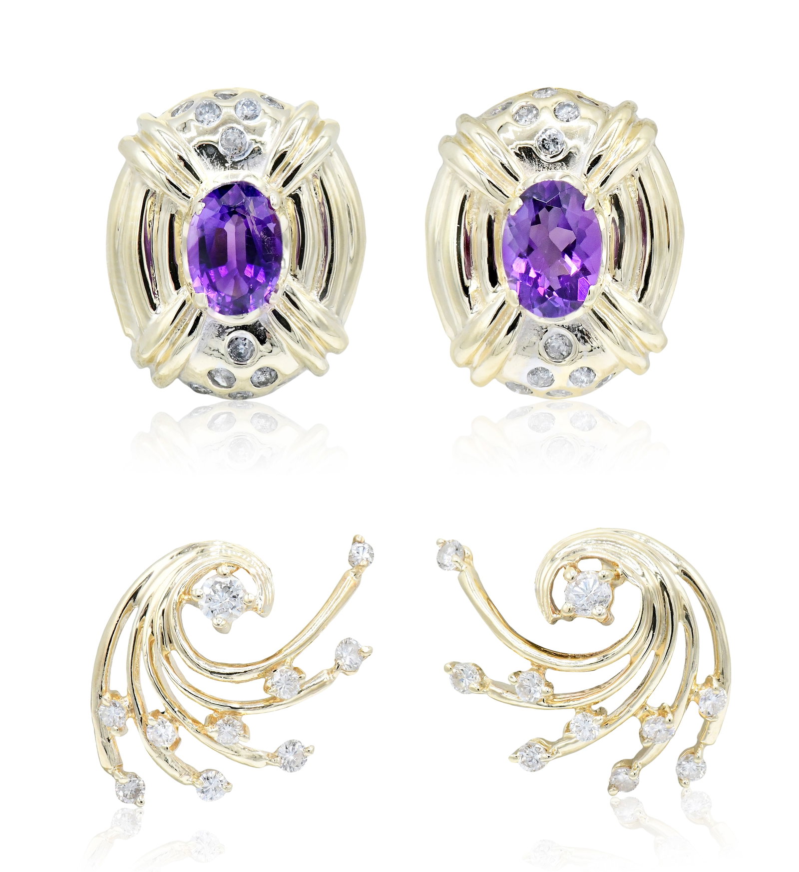Two Pairs of 14K Yellow Gold Earrings: Two Pairs of 14K Yellow Gold Earrings • one pair set with faceted oval amethyst weighing a total of 1.16 carats, accented by round brilliant diamonds weighing a total of 0.36 carats, 5/8 inch