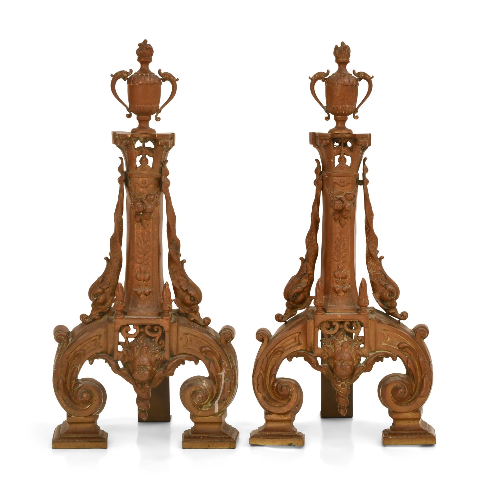 A Pair of French Gilt Bronze Chenets: A Pair of French Gilt Bronze Chenets late 19th century 23 1/2 x 11 x 7 inches